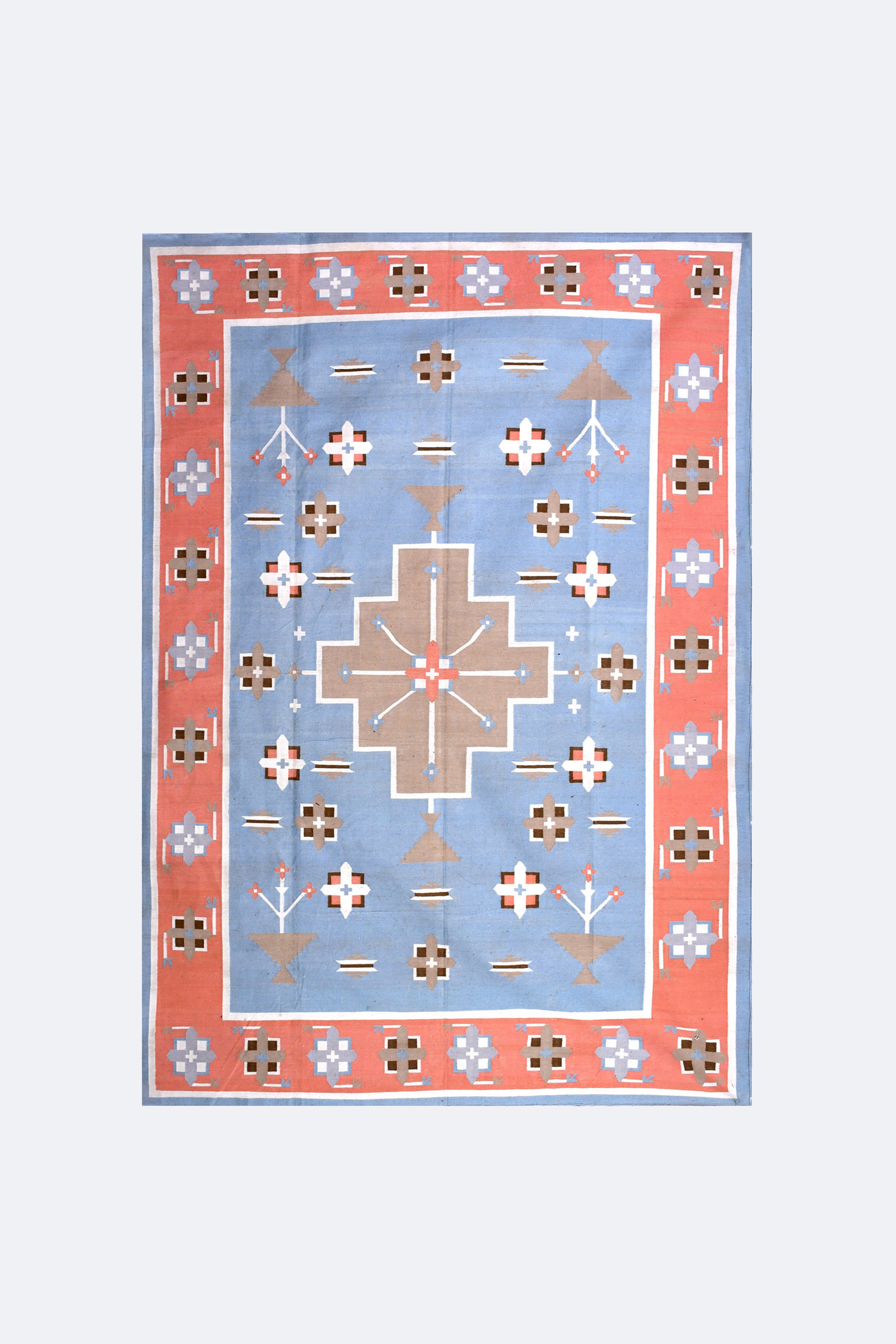 Blue & Coral Geometric Reversible Handwoven Cotton Rug