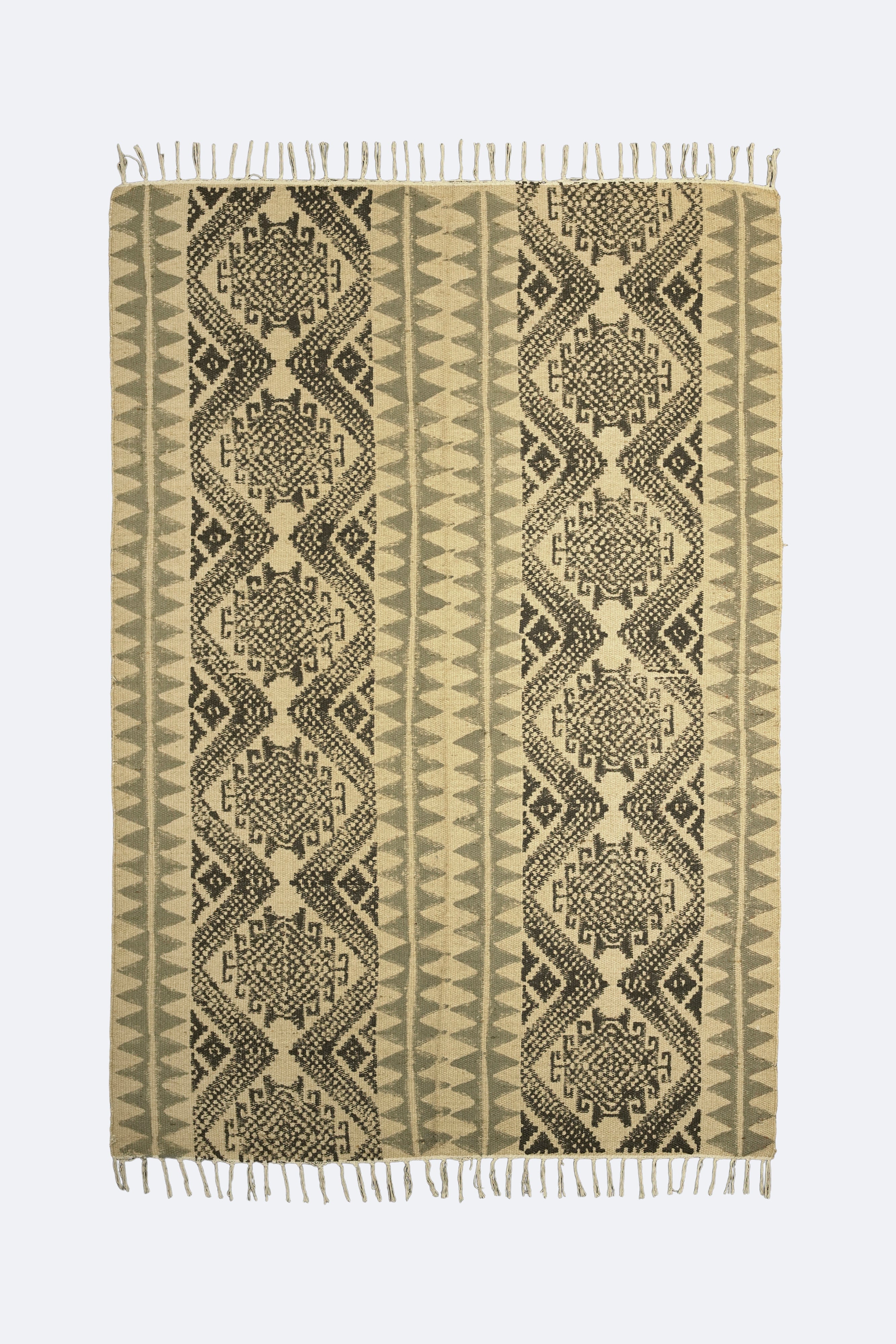 Tribal Medallion Block-Printed Jute Rug – Black & Sand