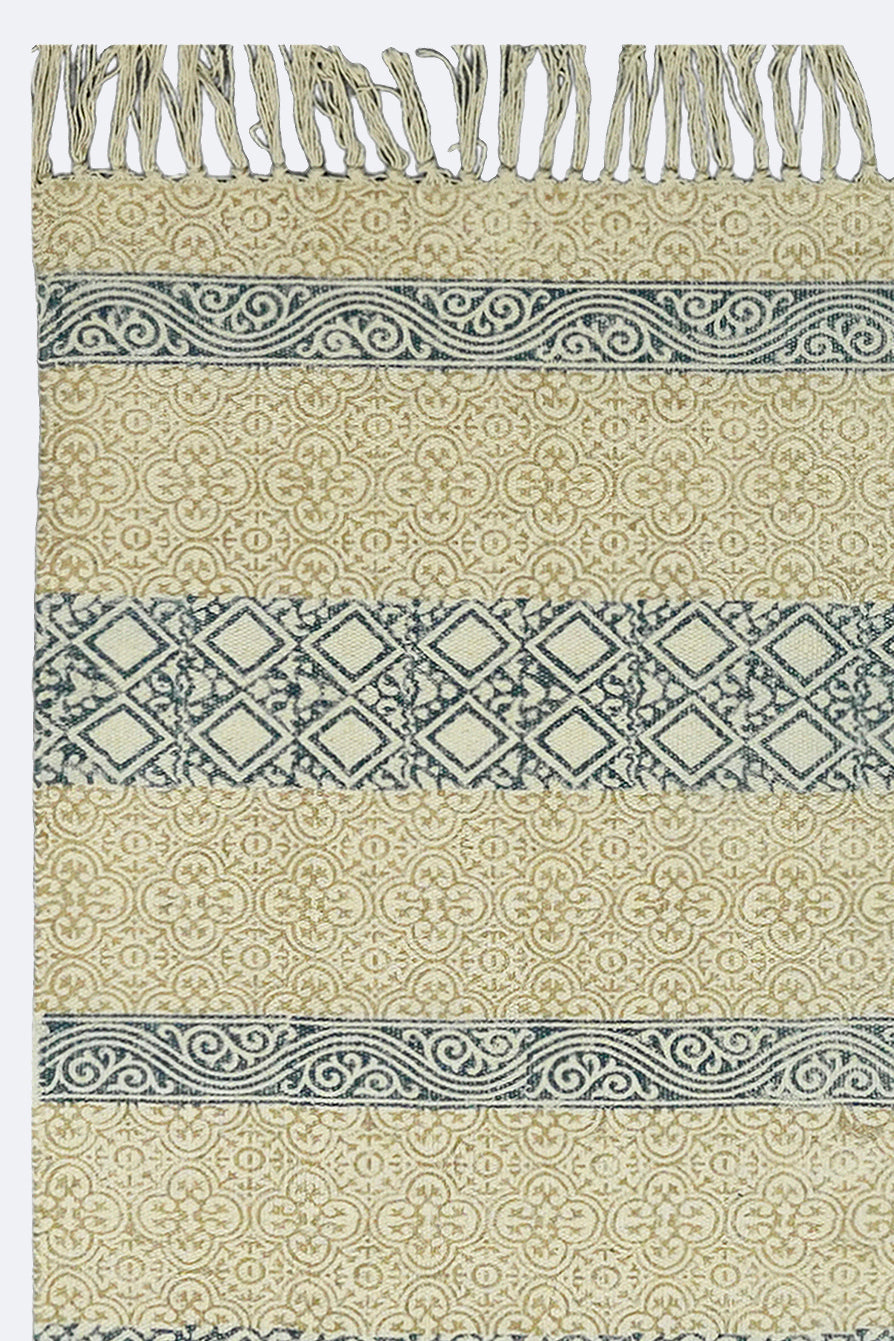 Blue Diamond Stripe Block Printed Jute Rug
