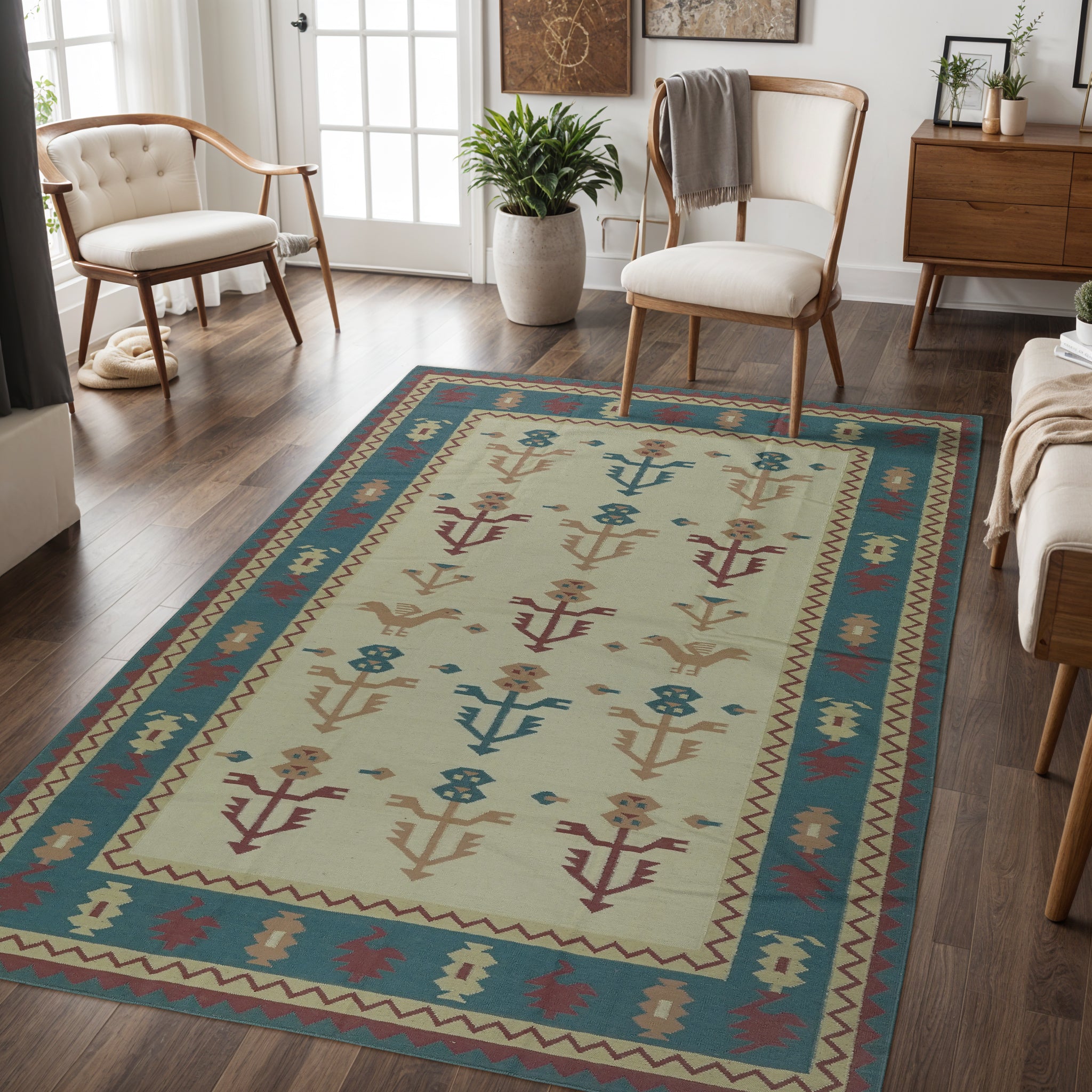 Handwoven Floral Rug in Multicolor flower motif and olive green- Wool