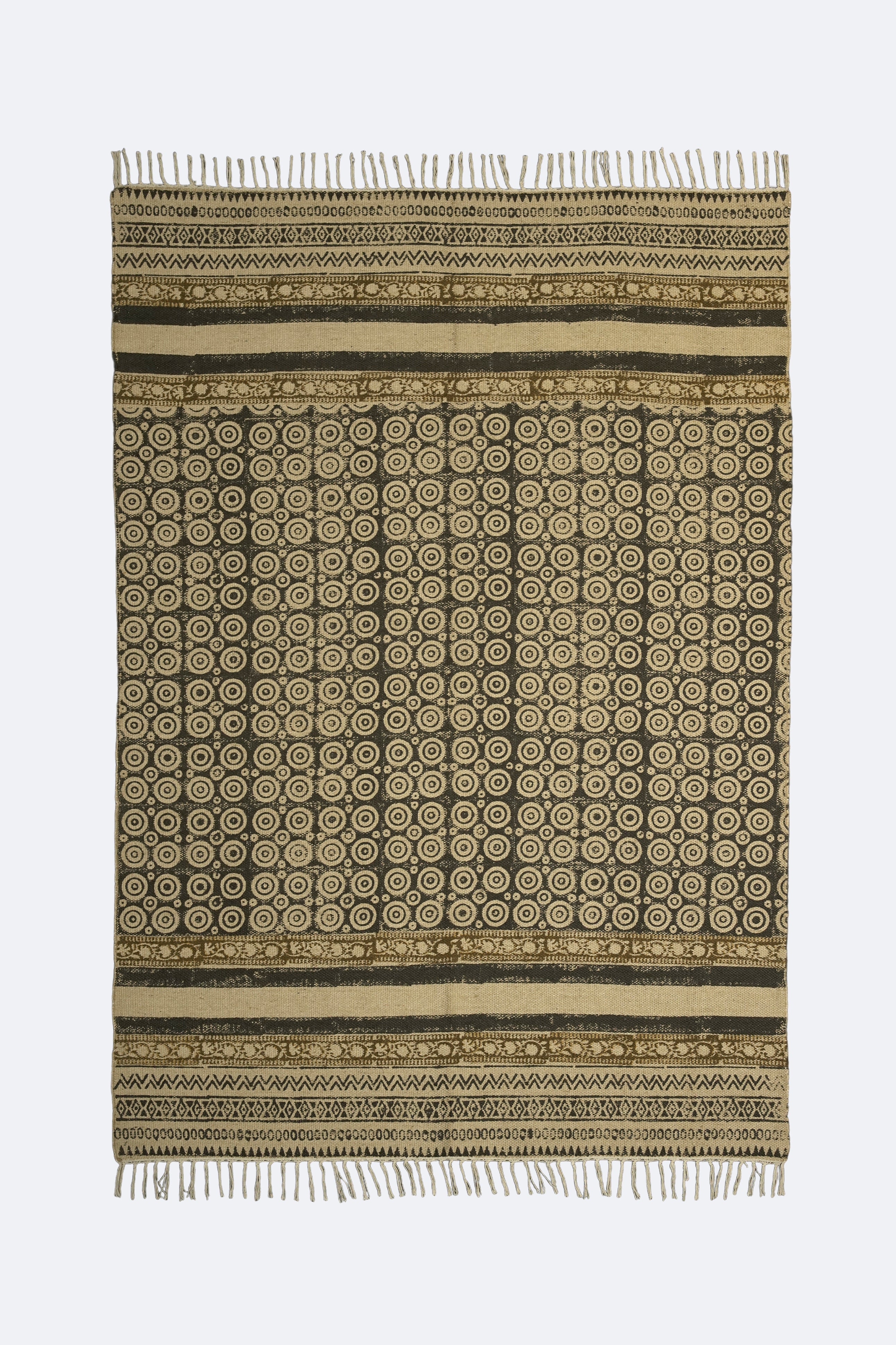 Tribal Circle Block-Printed Jute Rug – Olive & Sand