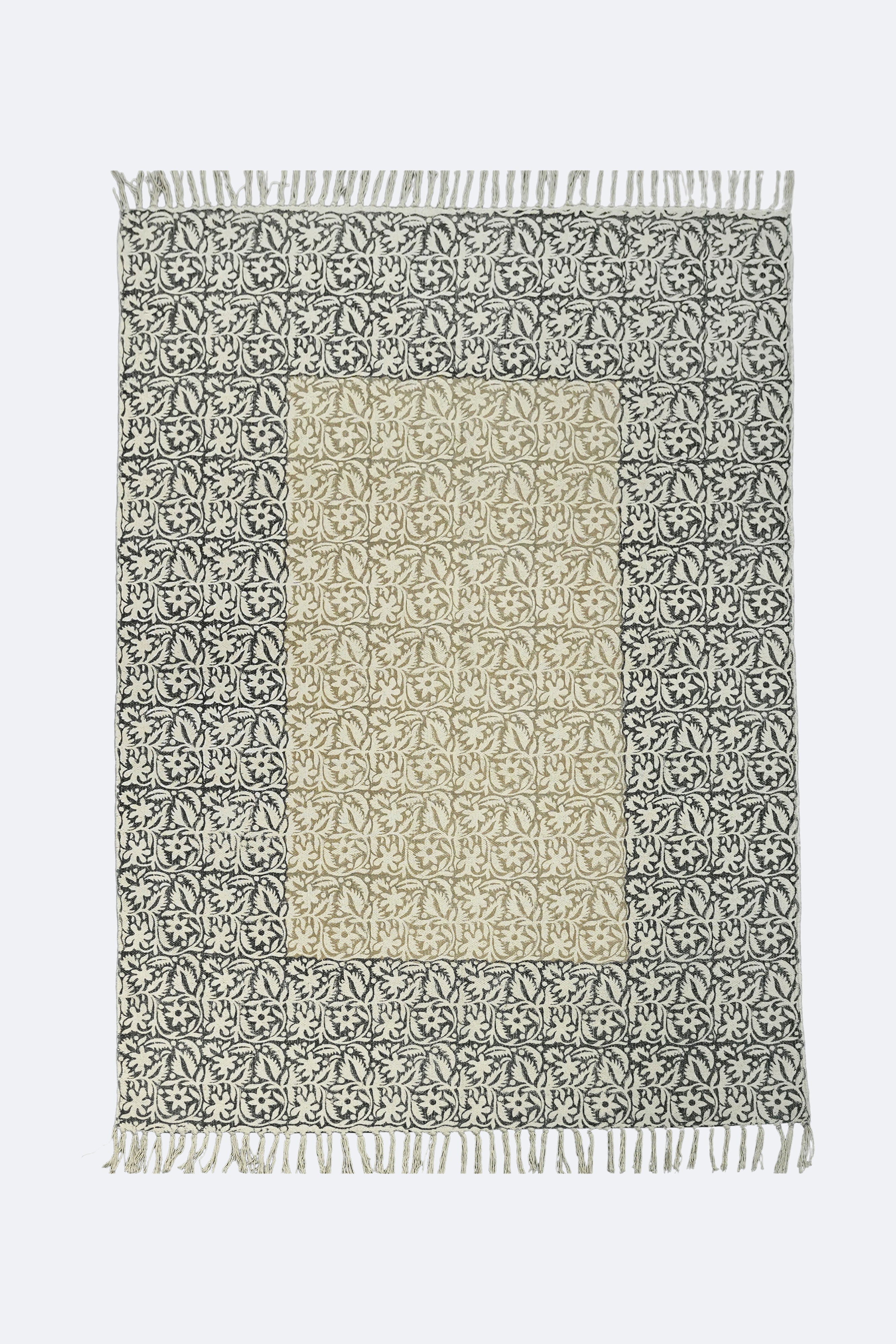 Noir Floral Block Printed Jute Rug