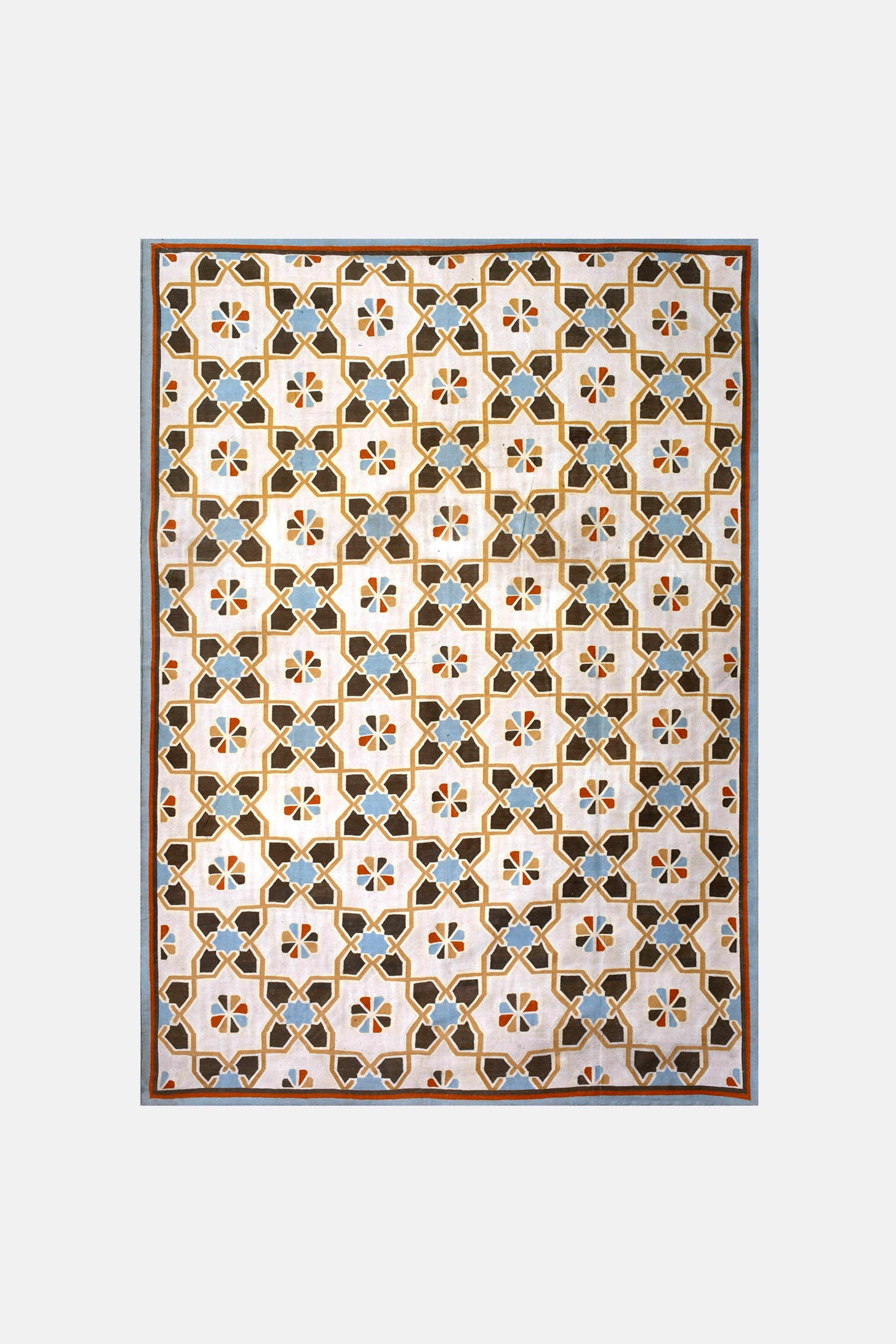 Beige Cotton Handwoven Rug with Blue and Brown Geometric Floral Pattern
