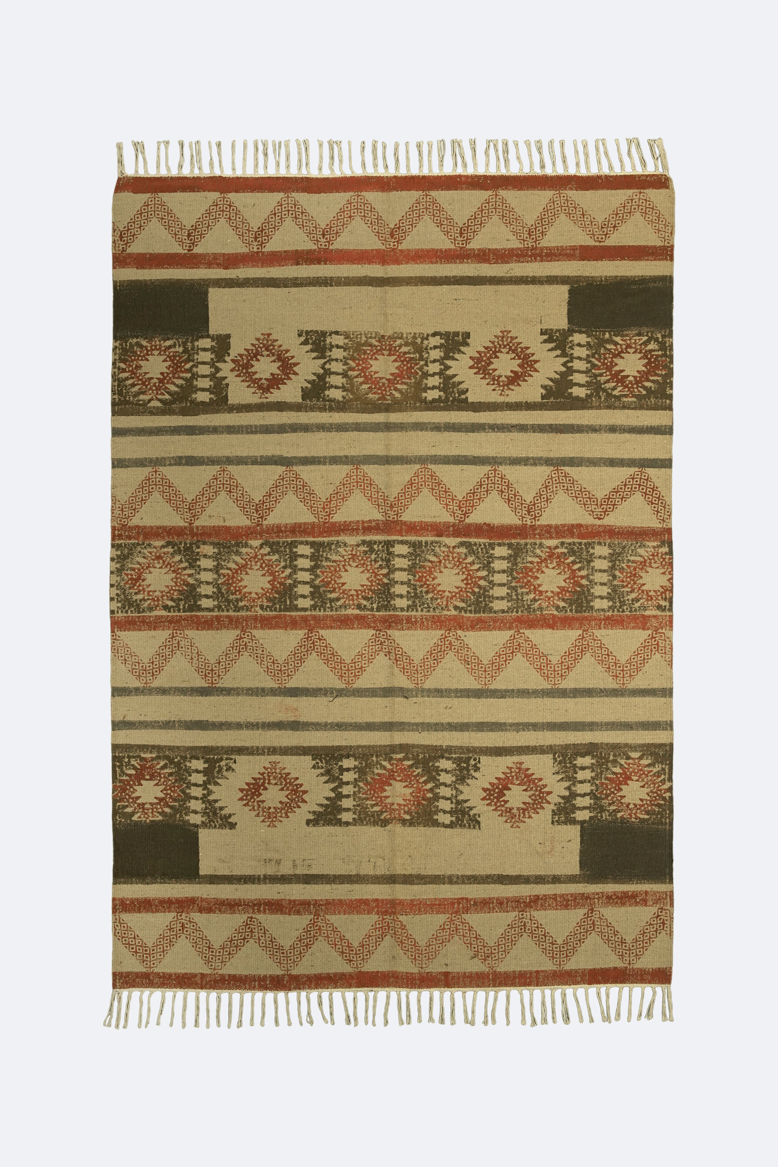 Tribal Motif Block-Printed Jute Rug – Rust, Olive & Sand