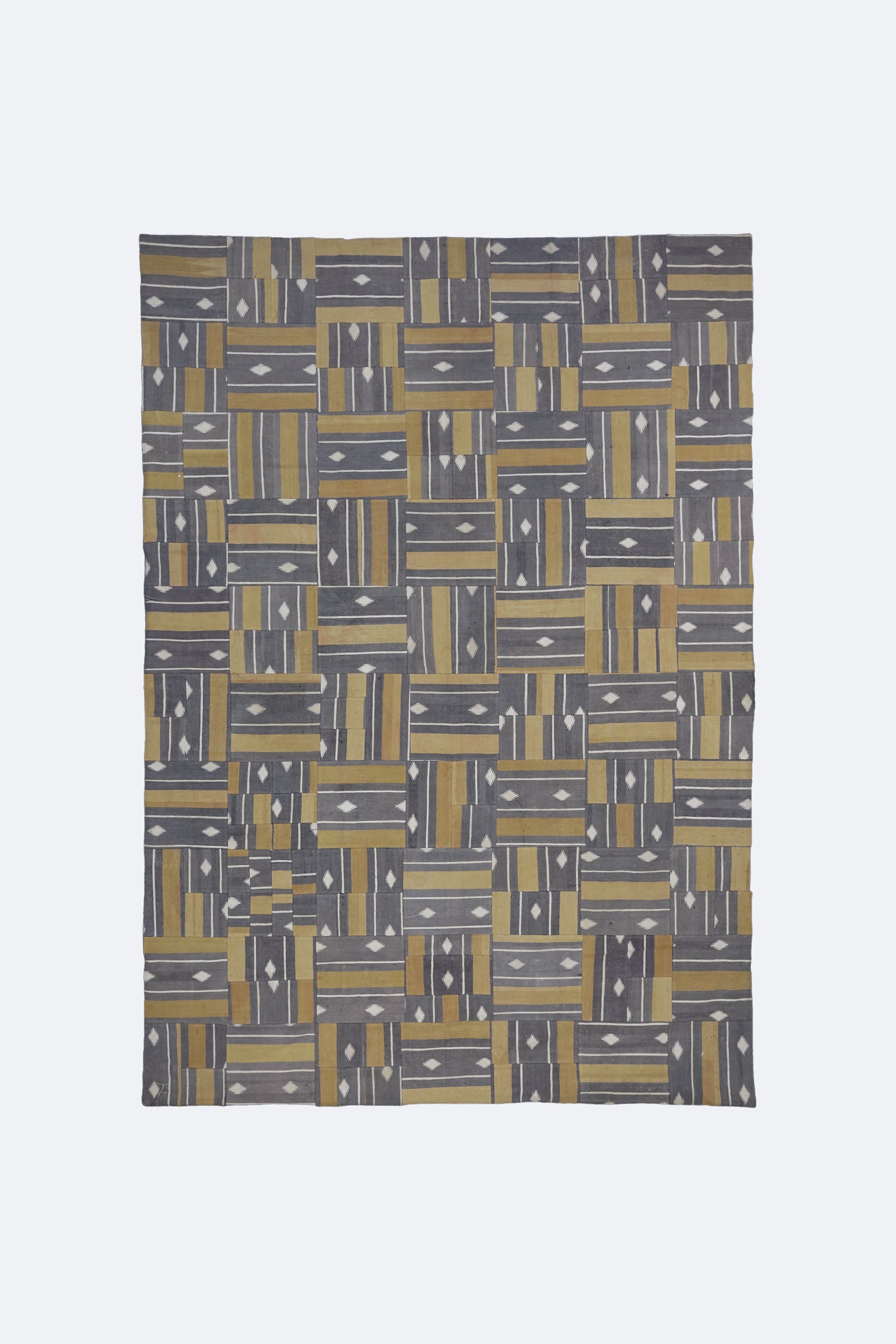 Slate & Mustard Stripe-Diamond Patchwork Rug