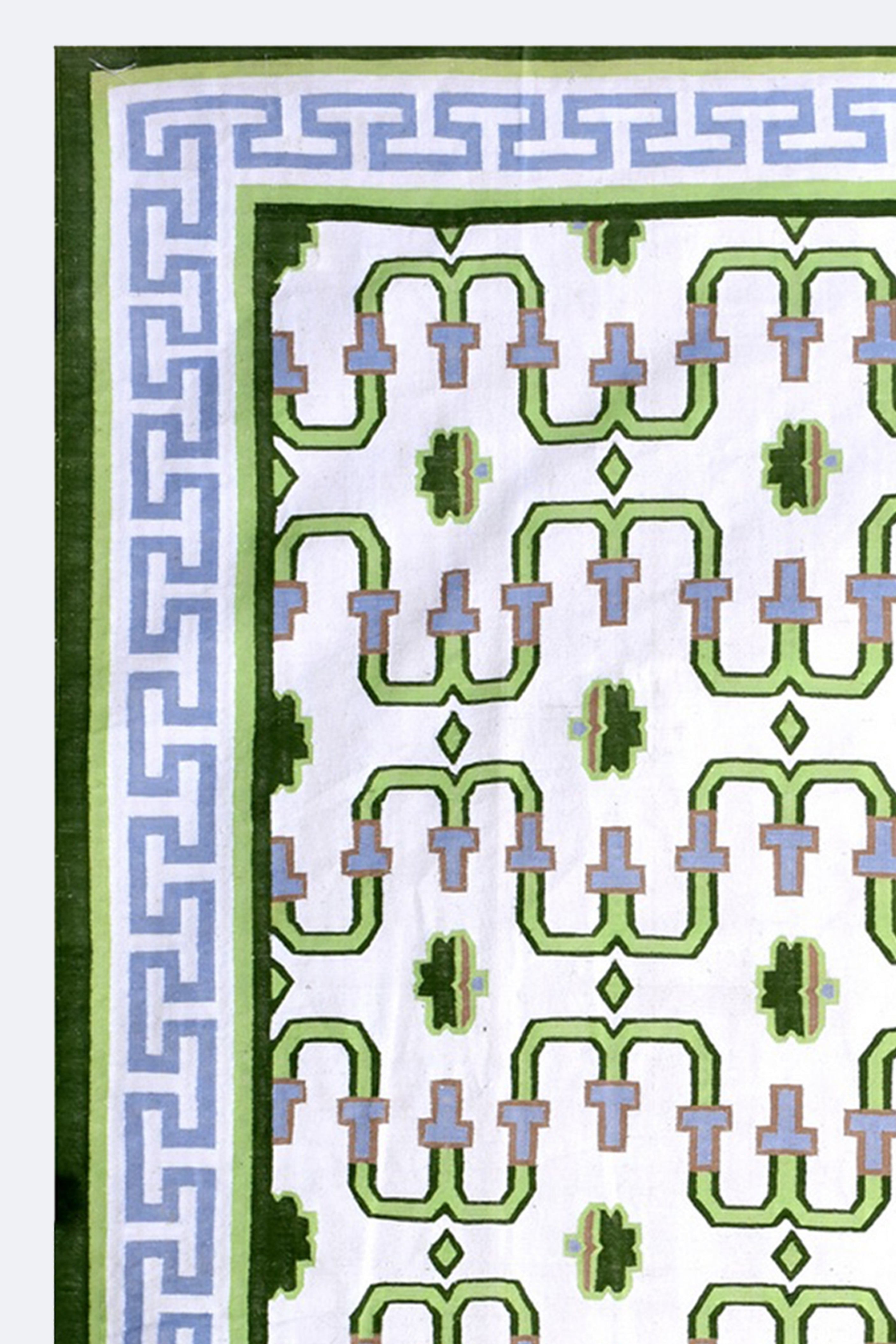 Green & White Geometric Handwoven Reversible Cotton Rug