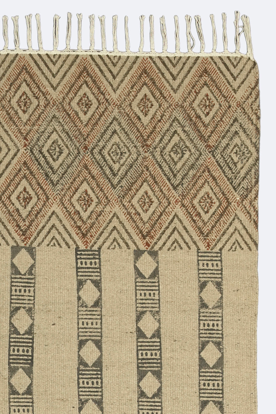 Patchwork Tribal Block-Printed Jute Rug – Rust, Olive & Sand