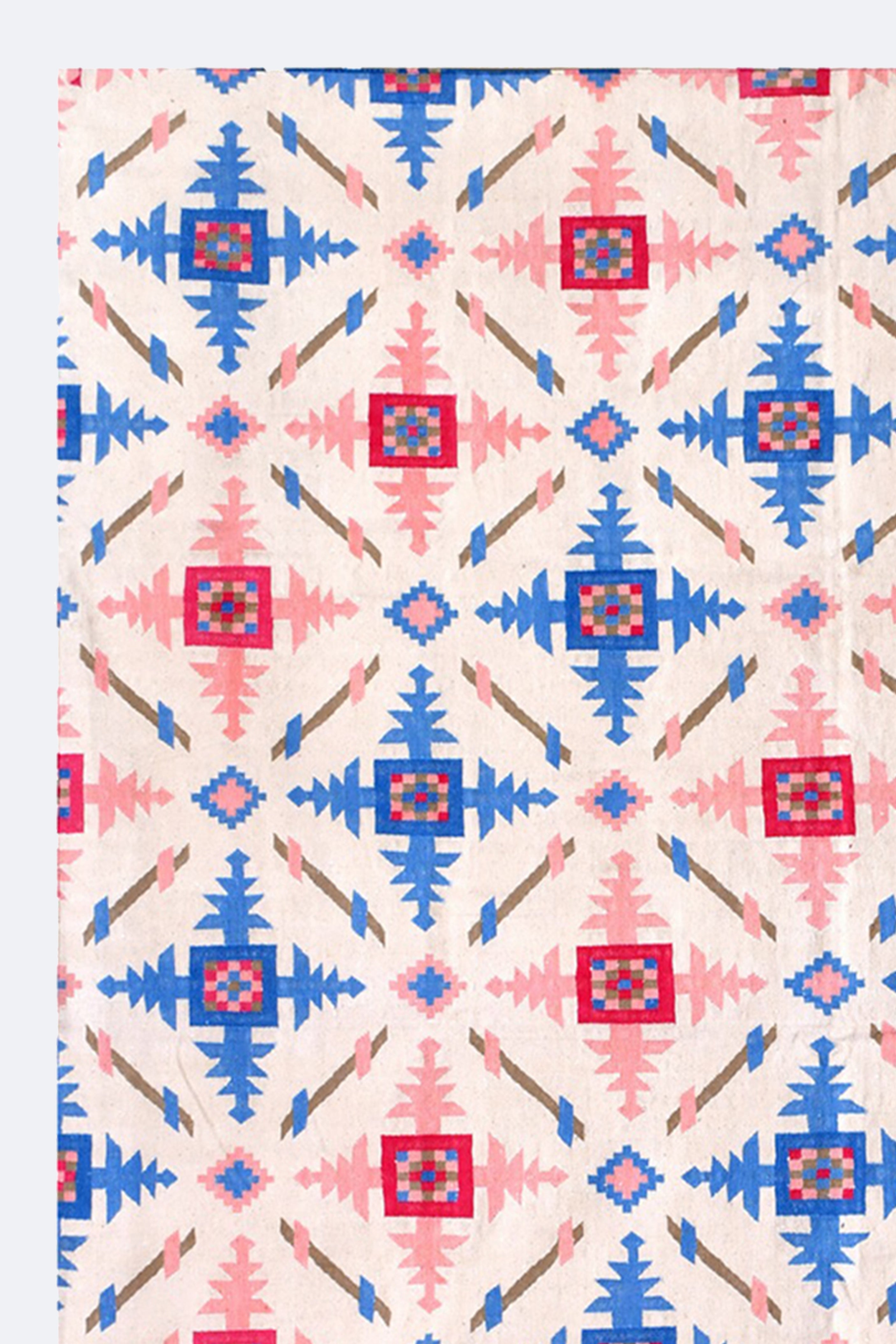 Cotton Handwoven Rug with Red and Blue Tribal Pattern