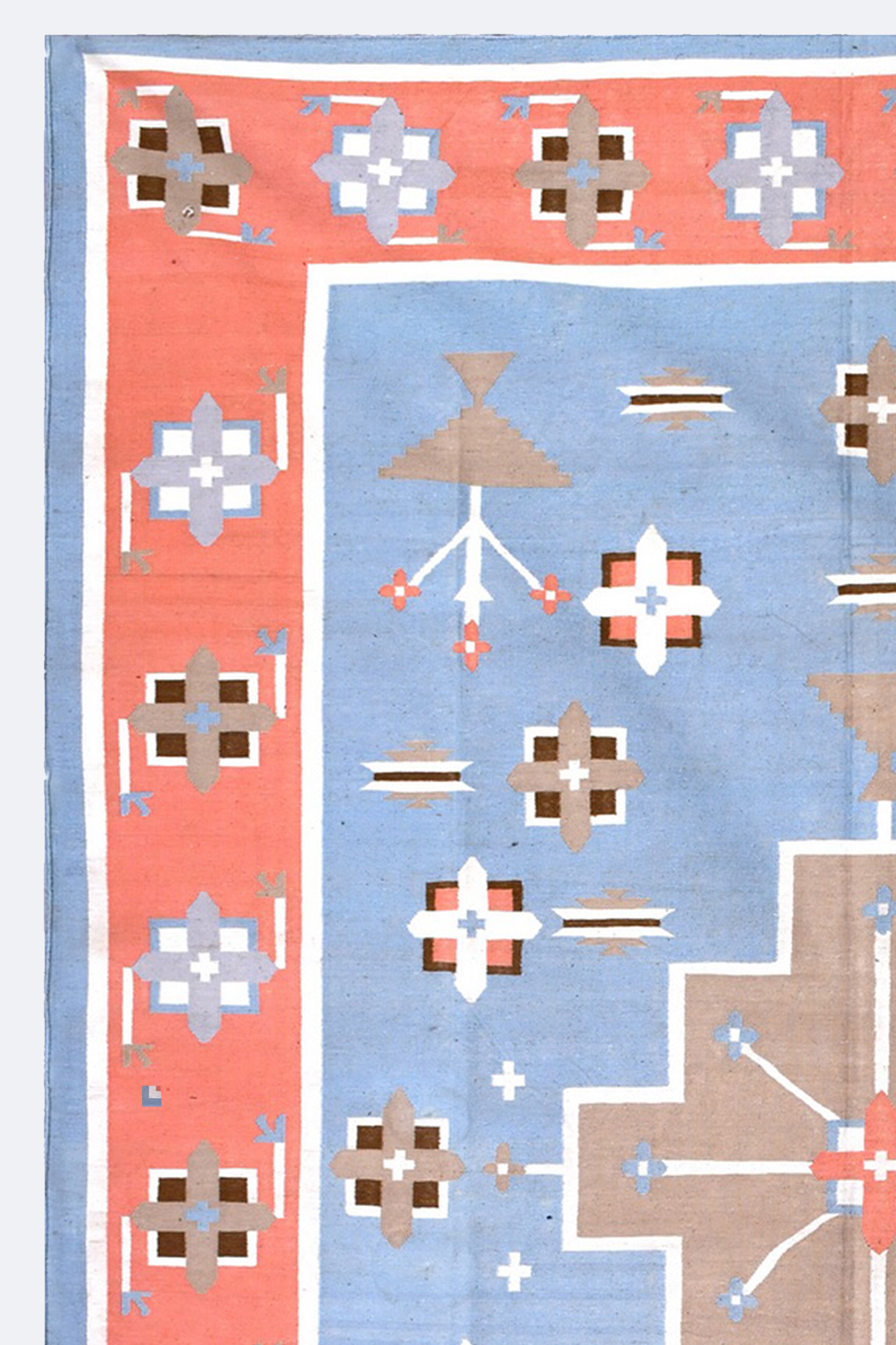Blue & Coral Geometric Reversible Handwoven Cotton Rug