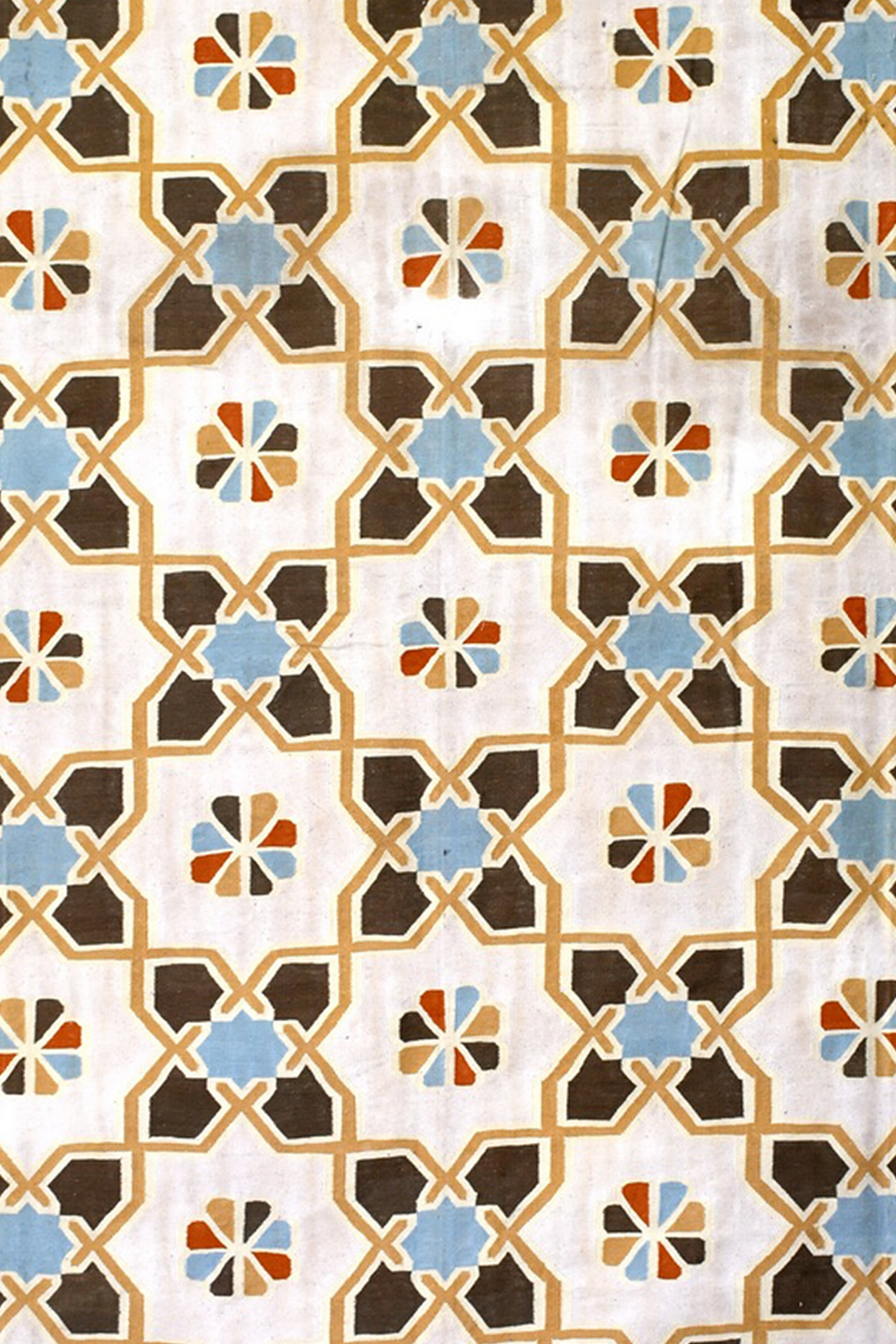 Beige Cotton Handwoven Rug with Blue and Brown Geometric Floral Pattern