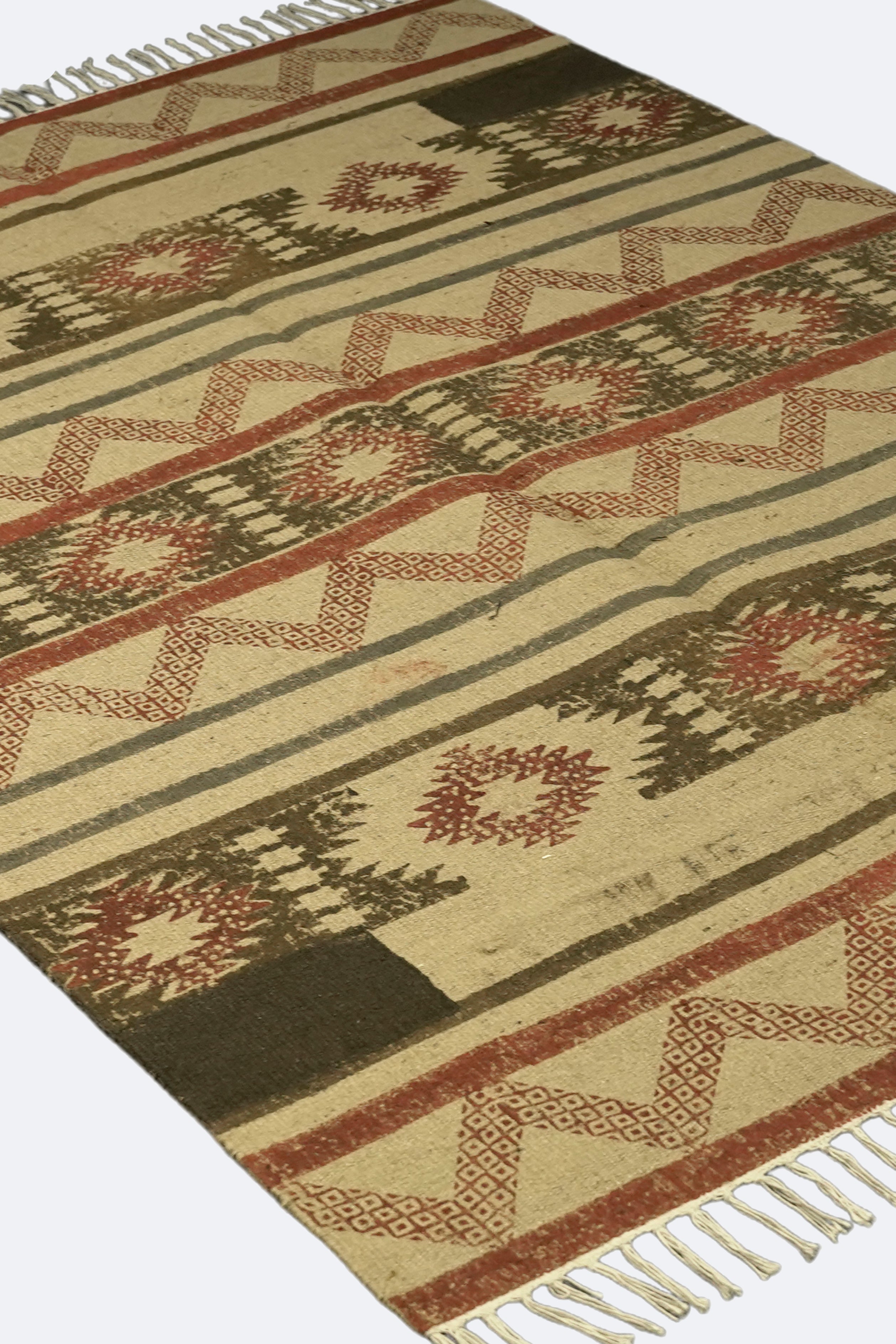 Tribal Motif Block-Printed Jute Rug – Rust, Olive & Sand