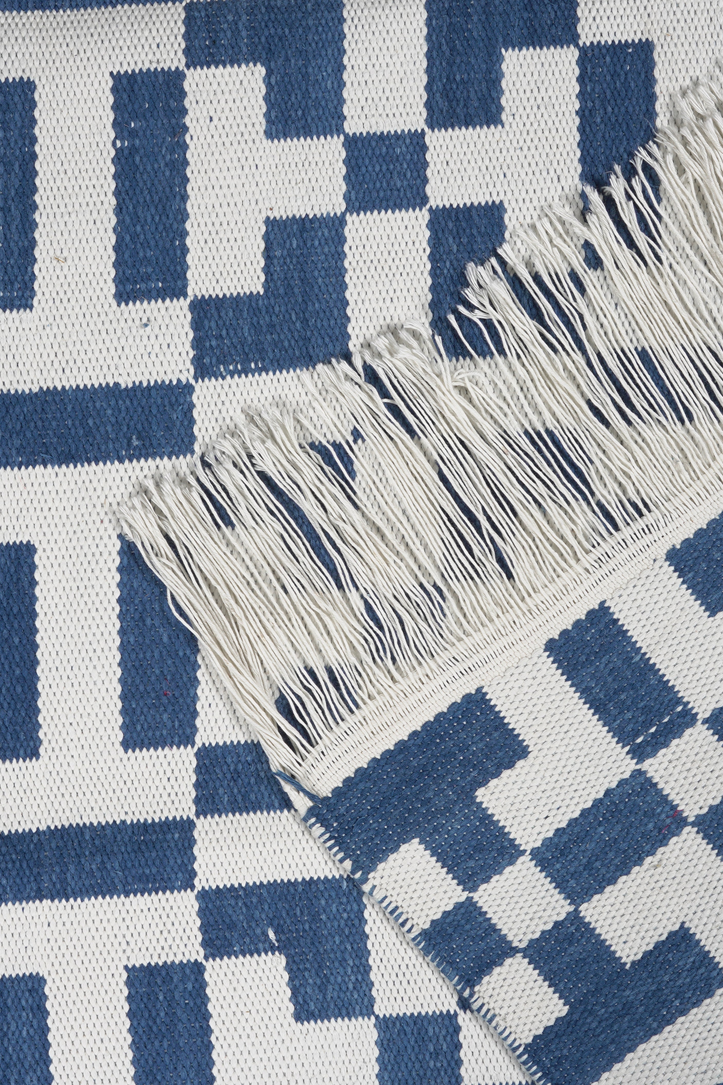Contemporary Indigo Checkered Reversible Flatweave Cotton Rug
