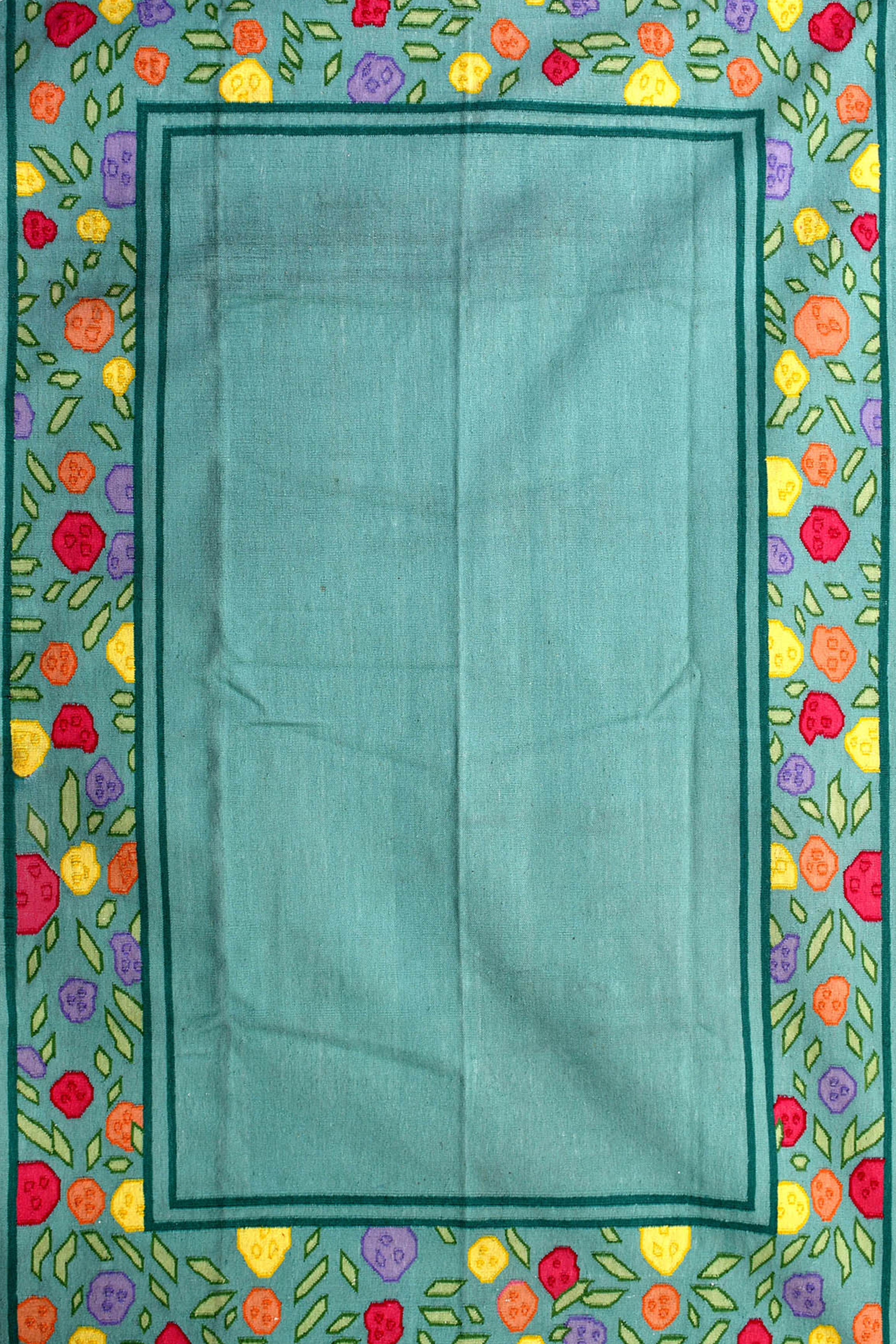 Teal Floral Handwoven Reversible Wool Rug