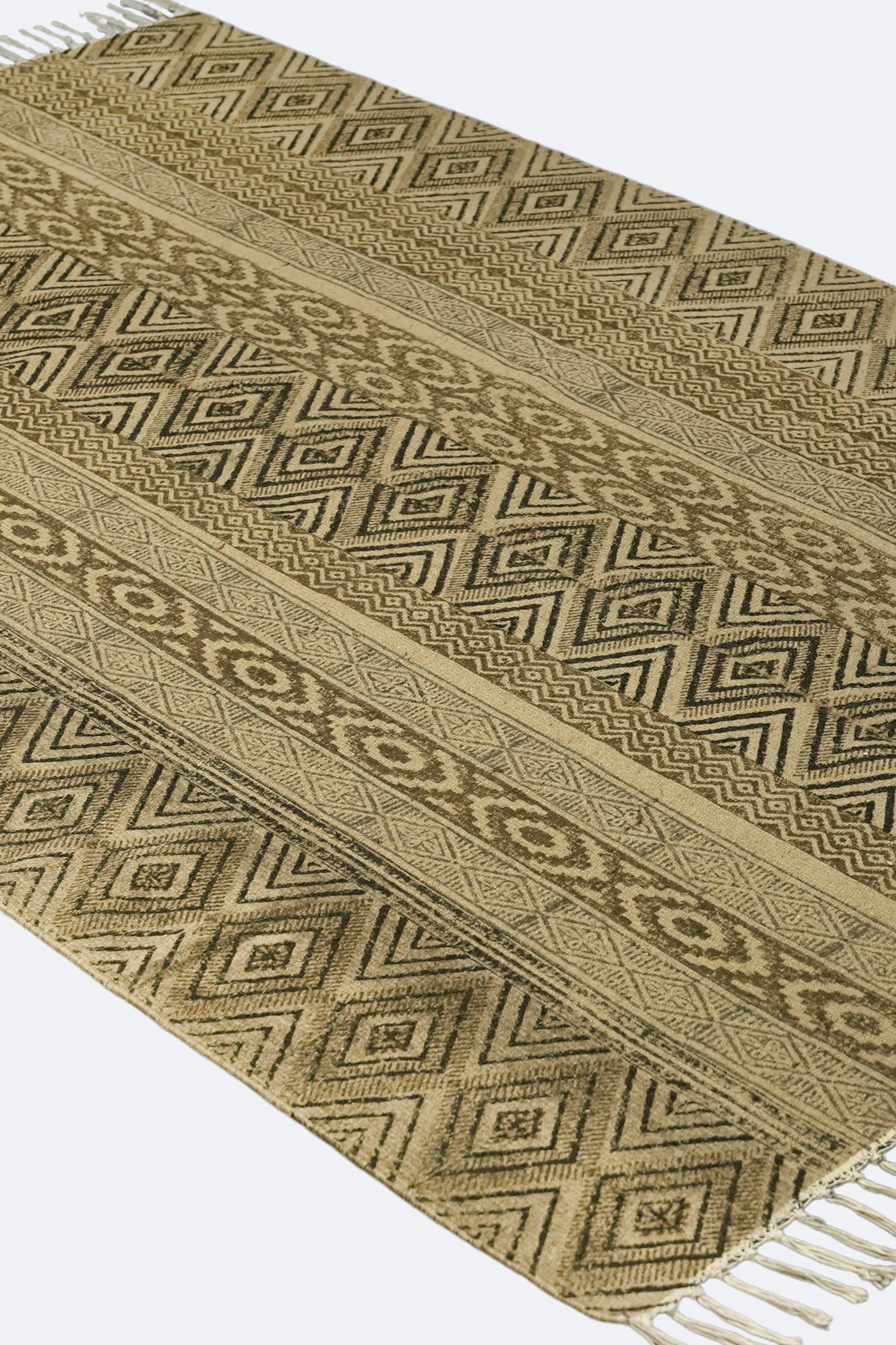 Geometric Stripe Block-Printed Jute Rug – Sand & Black