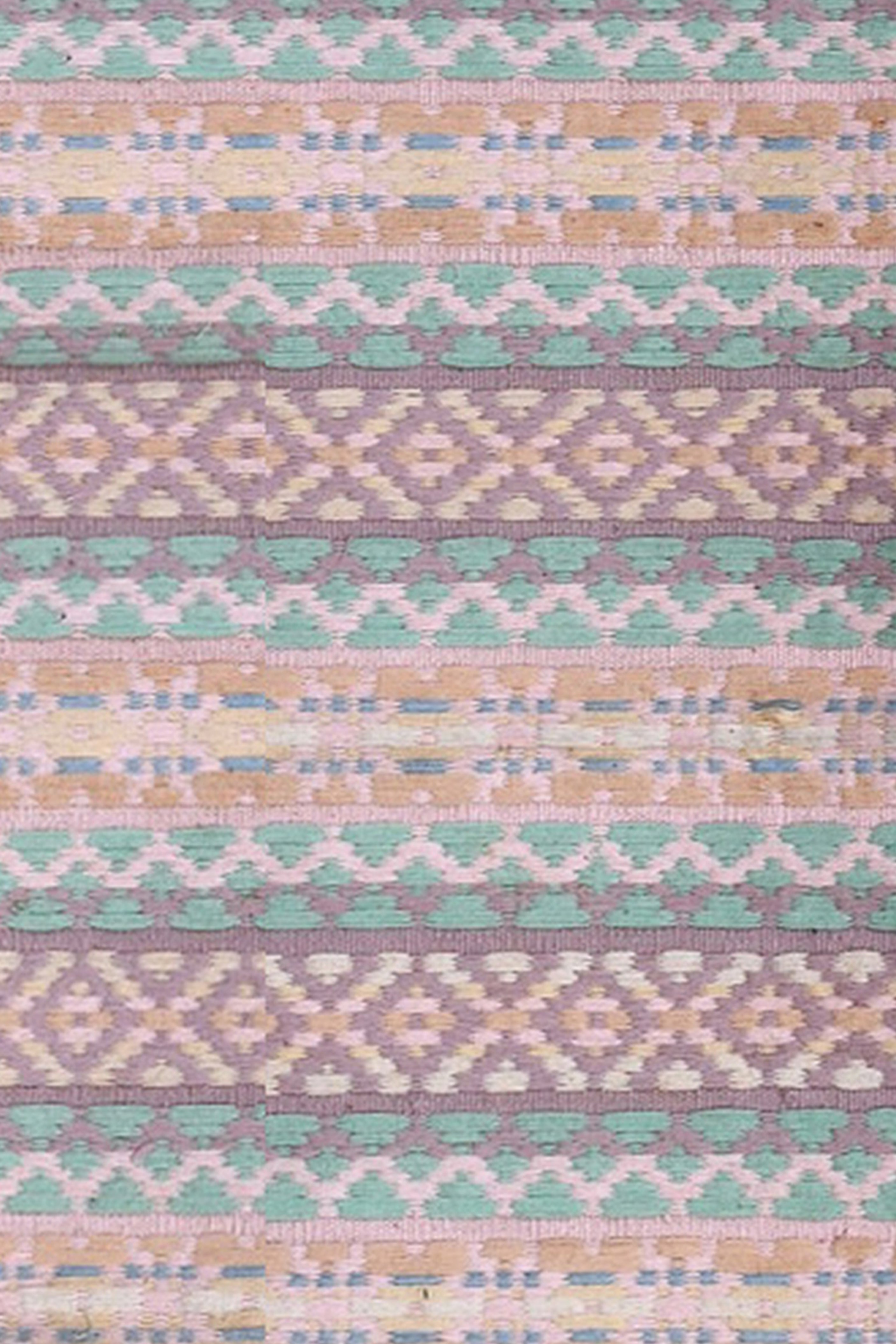 Soft Geometric Handwoven Reversible Cotton Rug in Mint & Lilac