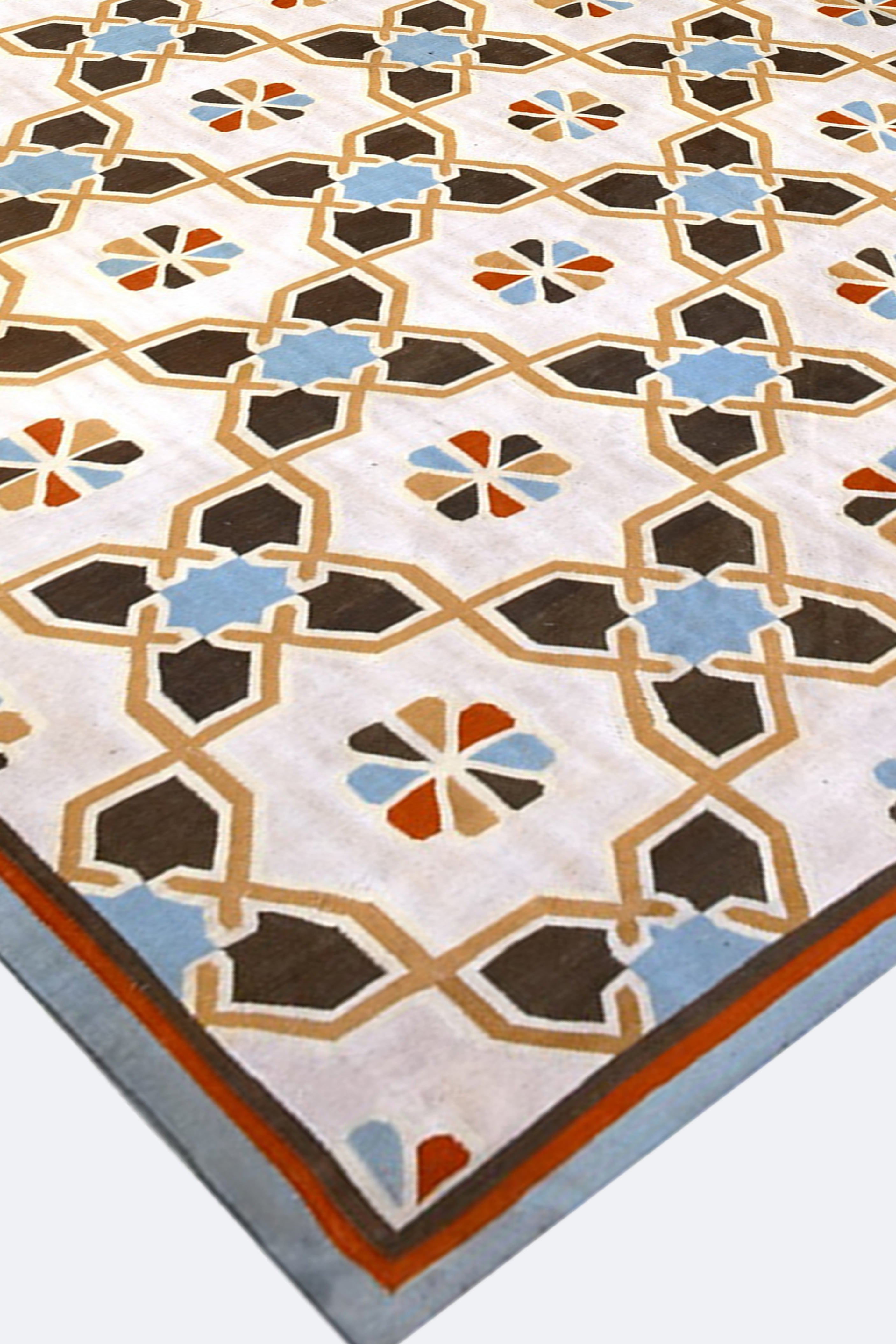 Beige Cotton Handwoven Rug with Blue and Brown Geometric Floral Pattern