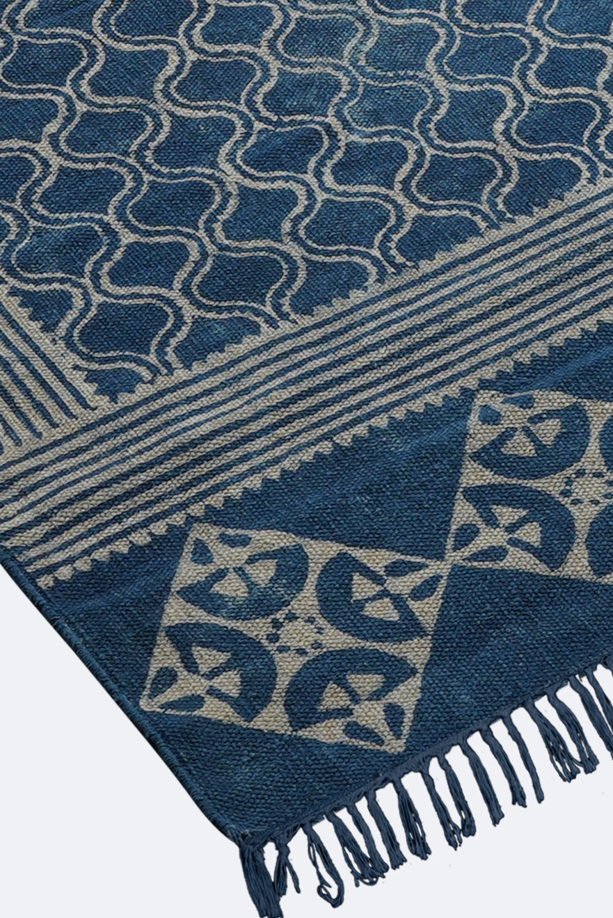 Indigo Trellis Border Hand Block Printed Rug