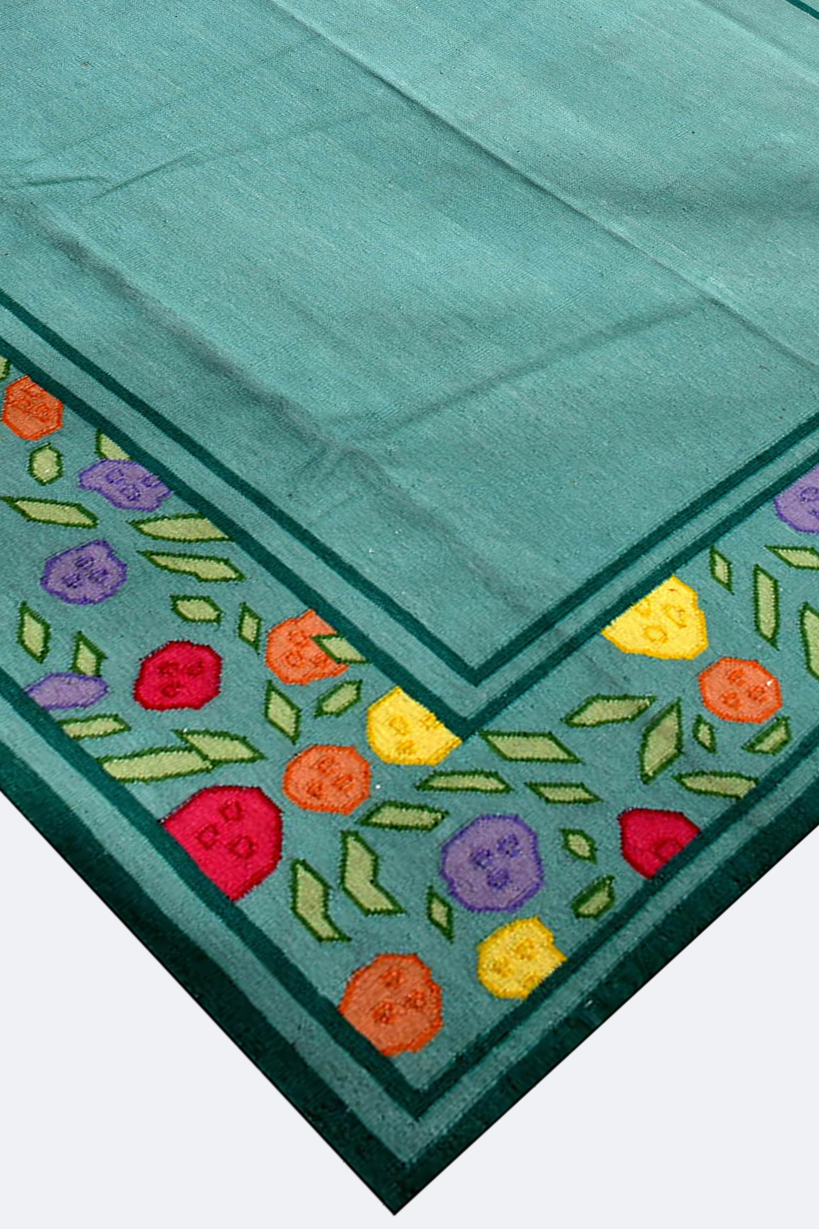 Teal Floral Handwoven Reversible Wool Rug