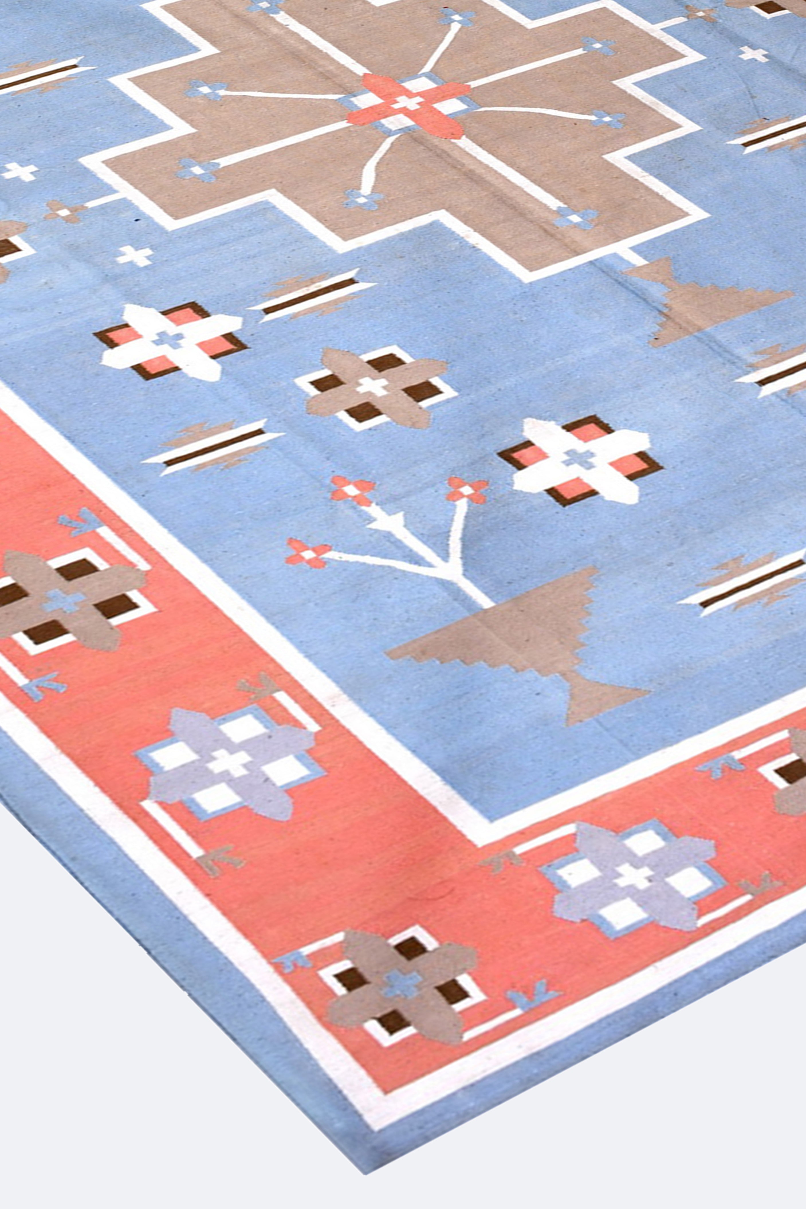 Blue & Coral Geometric Reversible Handwoven Cotton Rug