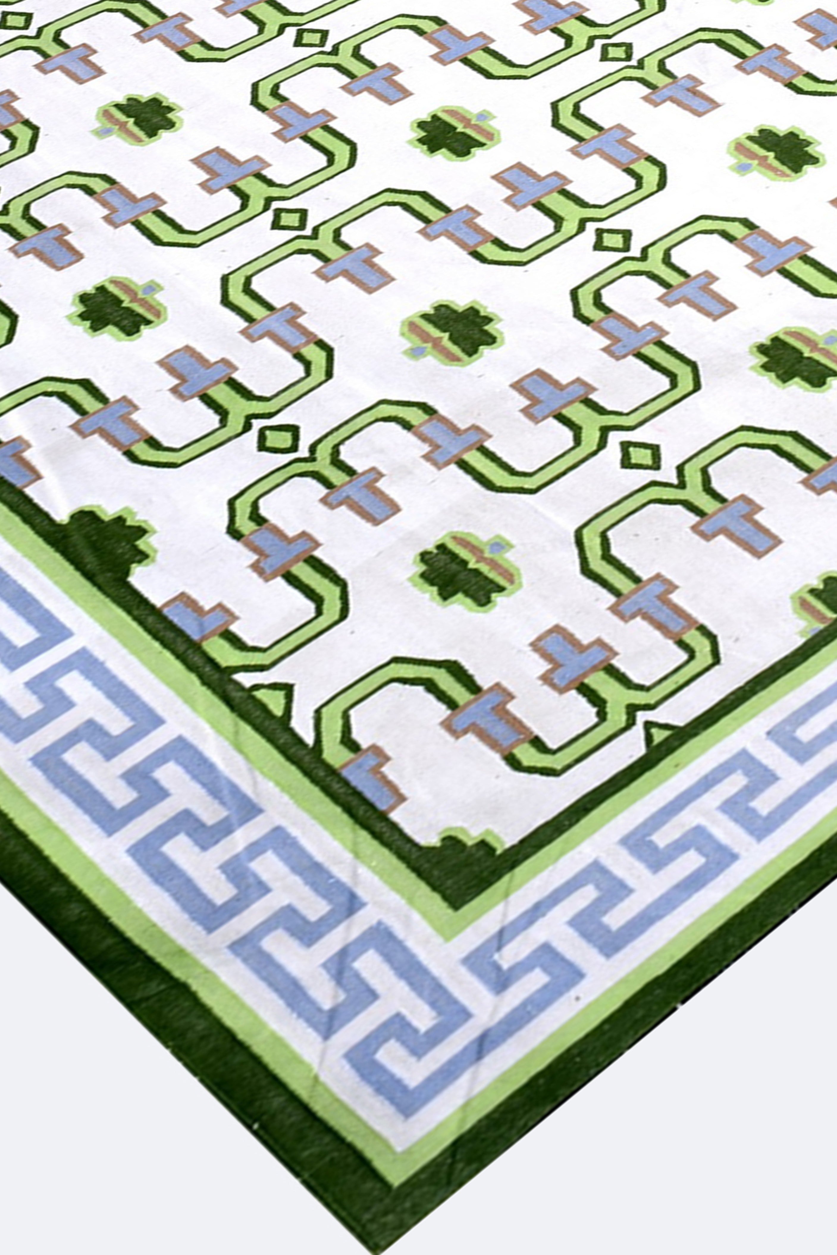 Green & White Geometric Handwoven Reversible Cotton Rug