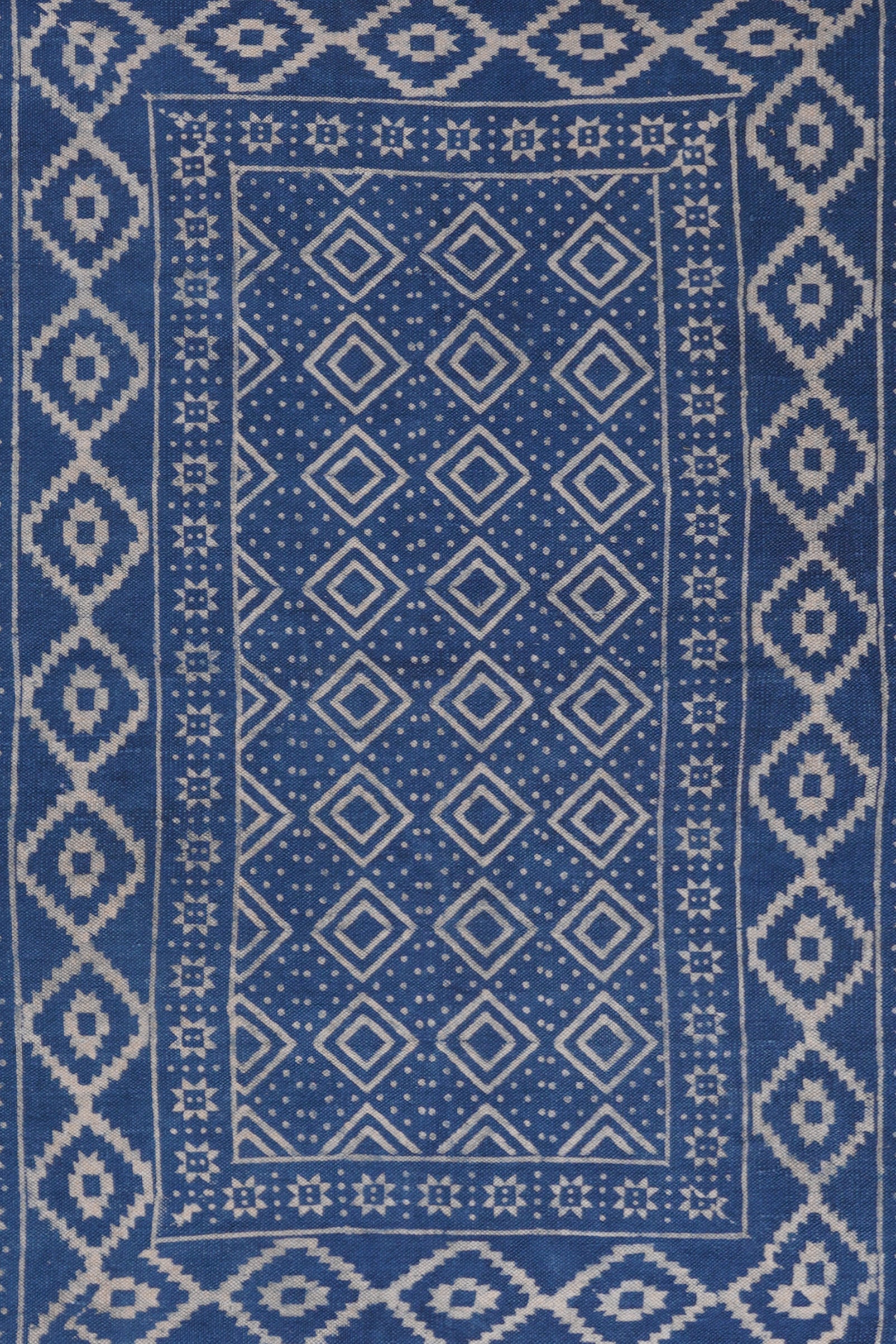 Indigo Diamond Frame Block Printed Rug