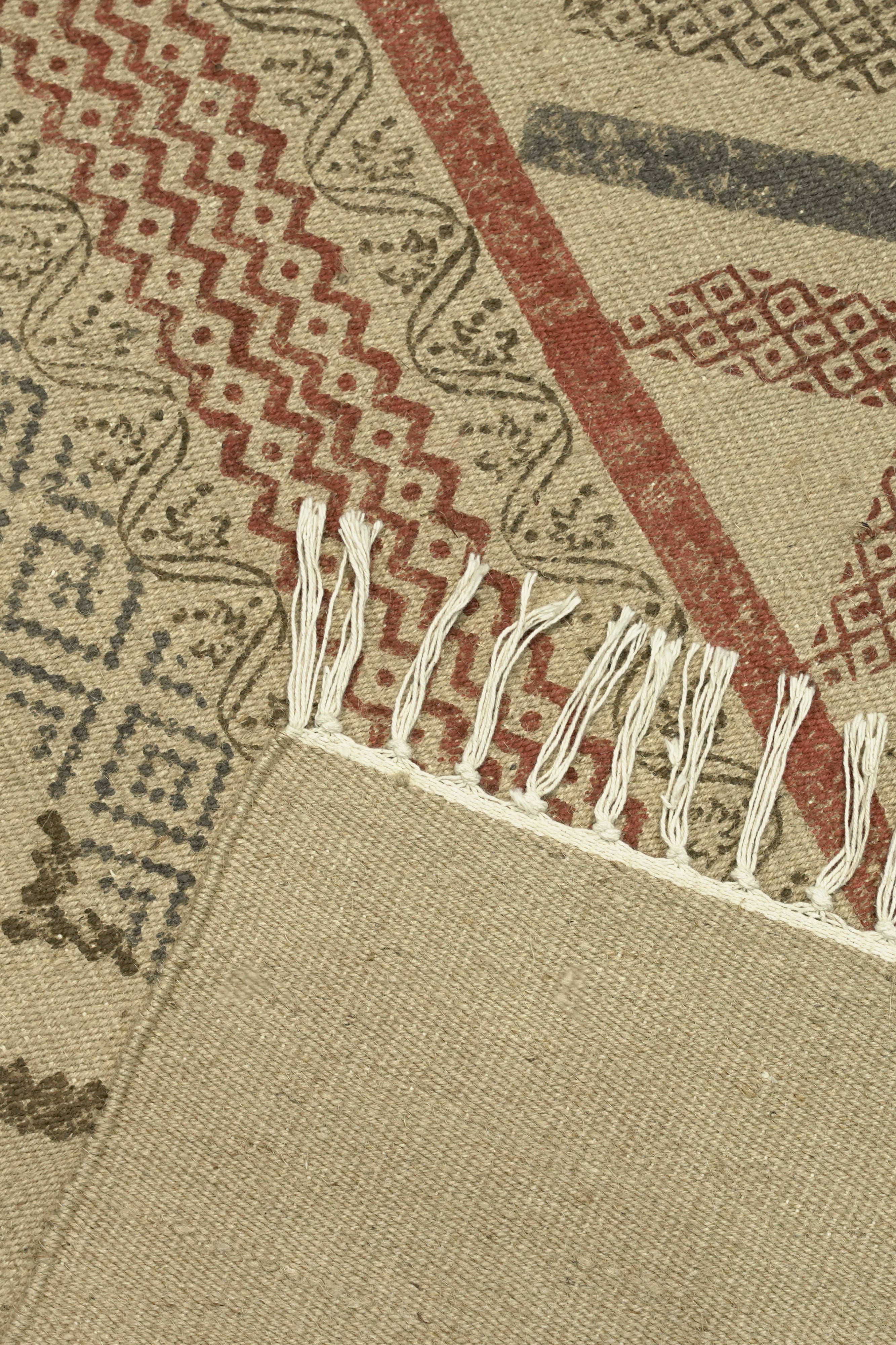 Patchwork Tribal Block-Printed Jute Rug – Rust, Olive & Sand