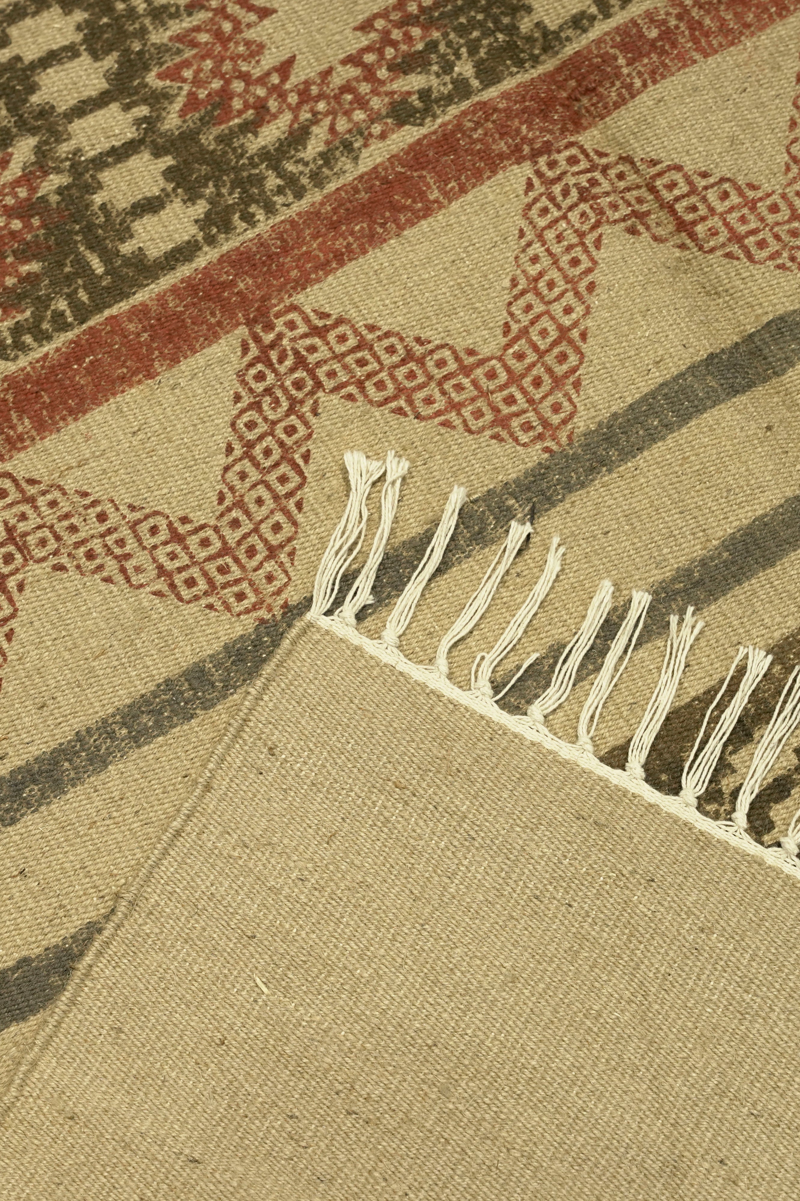 Tribal Motif Block-Printed Jute Rug – Rust, Olive & Sand