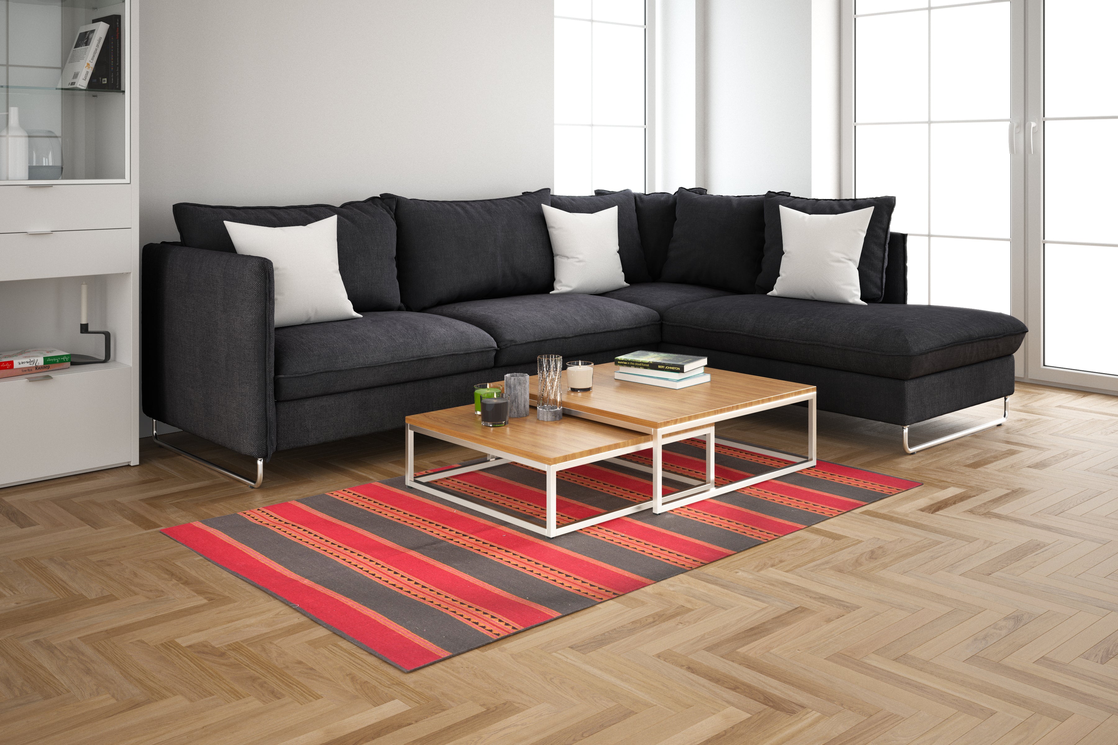 Handwoven Stripped Rug in Brick red, Brown and Mustard yellow- Wool