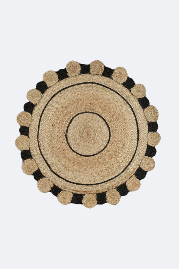 Black Border Scalloped Round Jute Rug