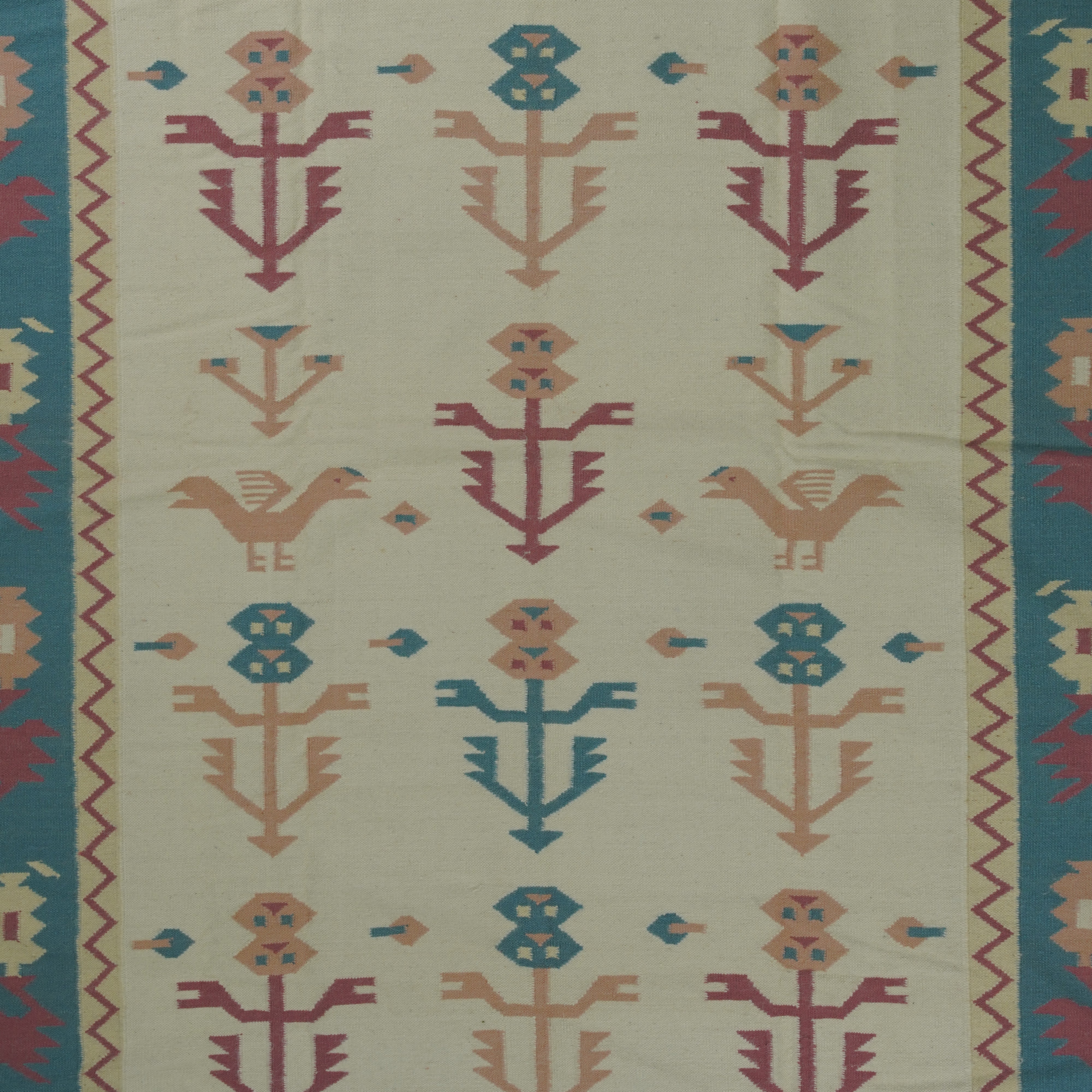 Handwoven Floral Rug in Multicolor flower motif and olive green- Wool