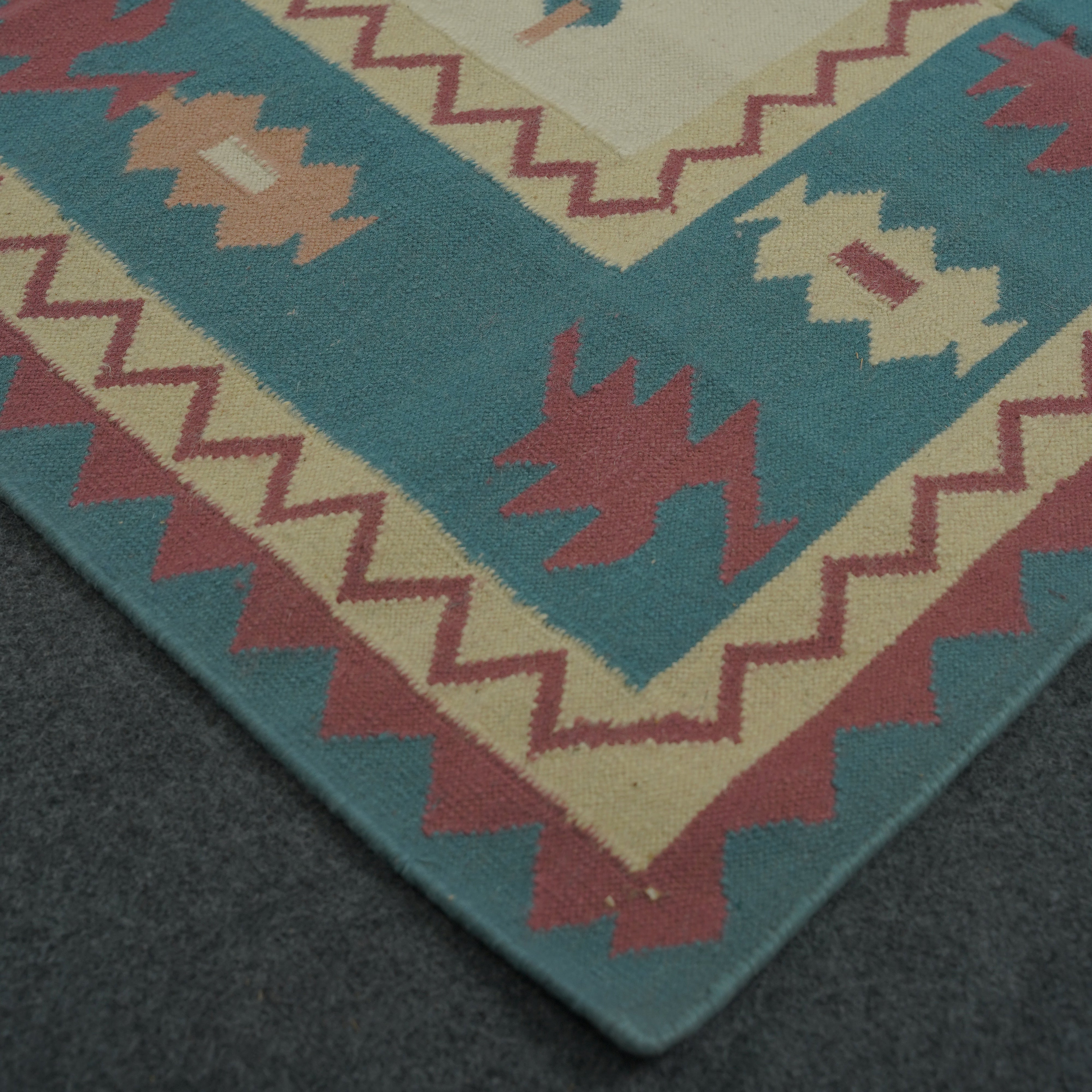 Handwoven Floral Rug in Multicolor flower motif and olive green- Wool