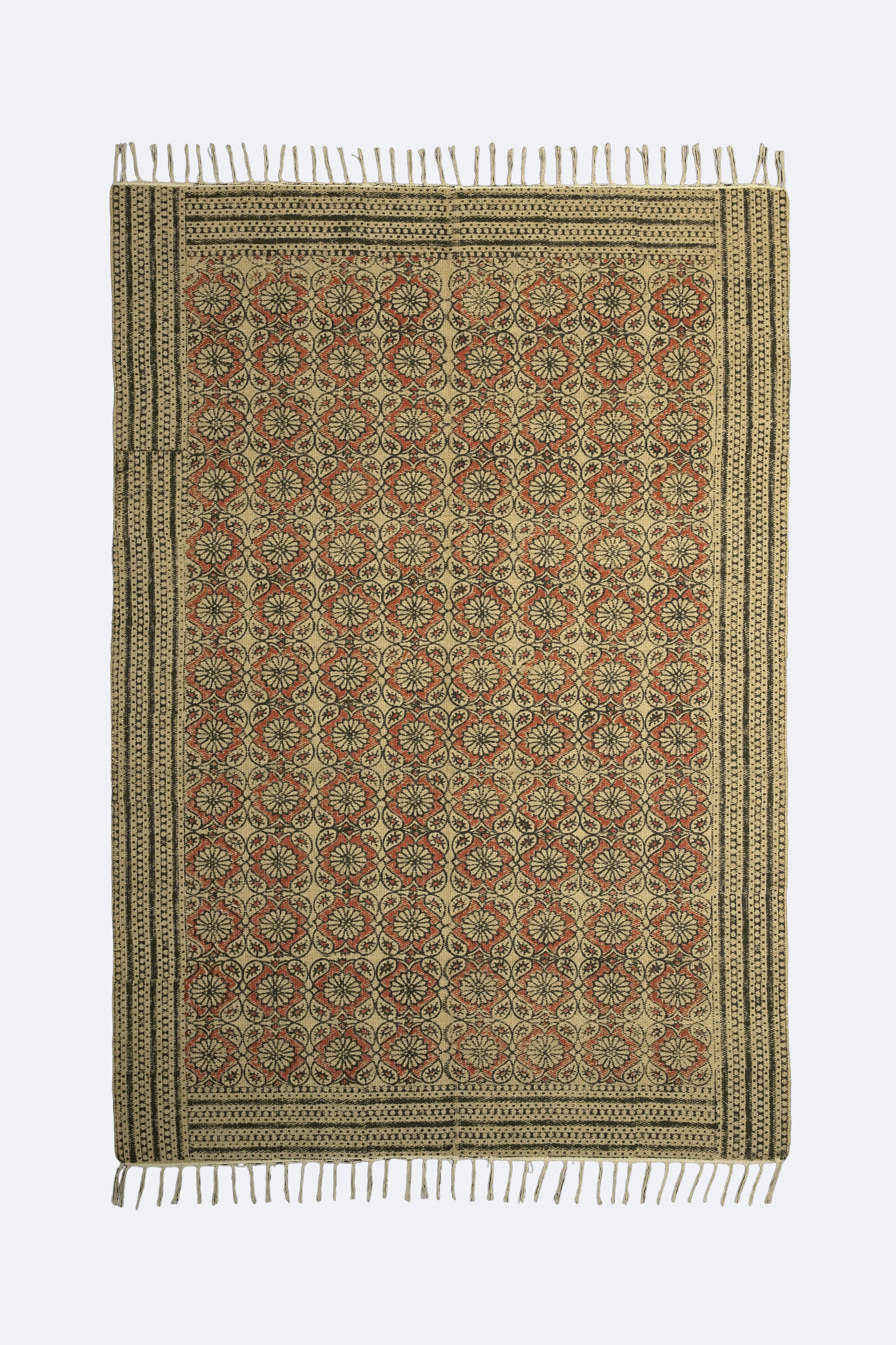 Floral Medallion Block-Printed Jute Rug – Rust, Black & Sand