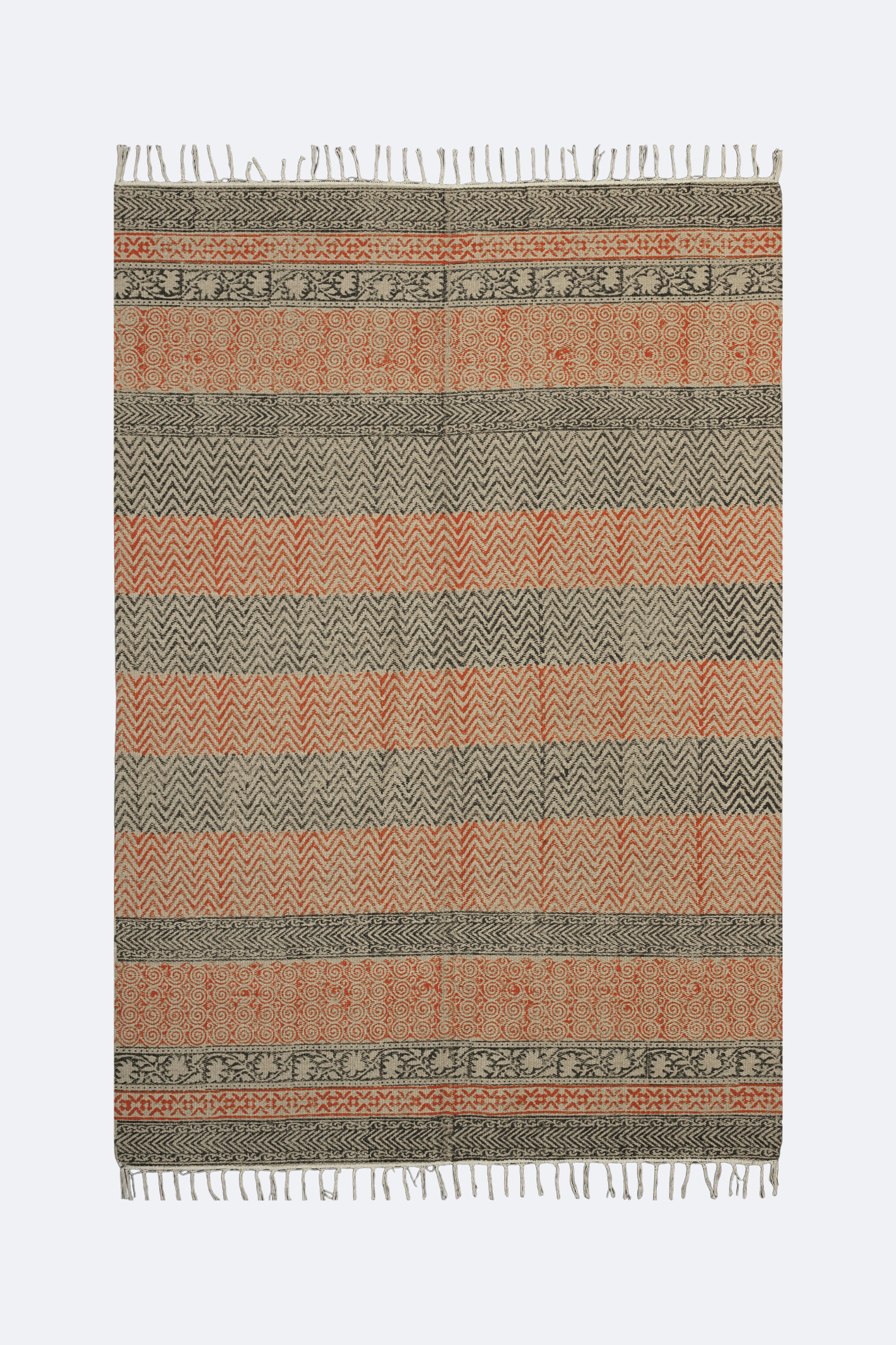 Terracotta Chevron & Scroll Handblock Jute Rug