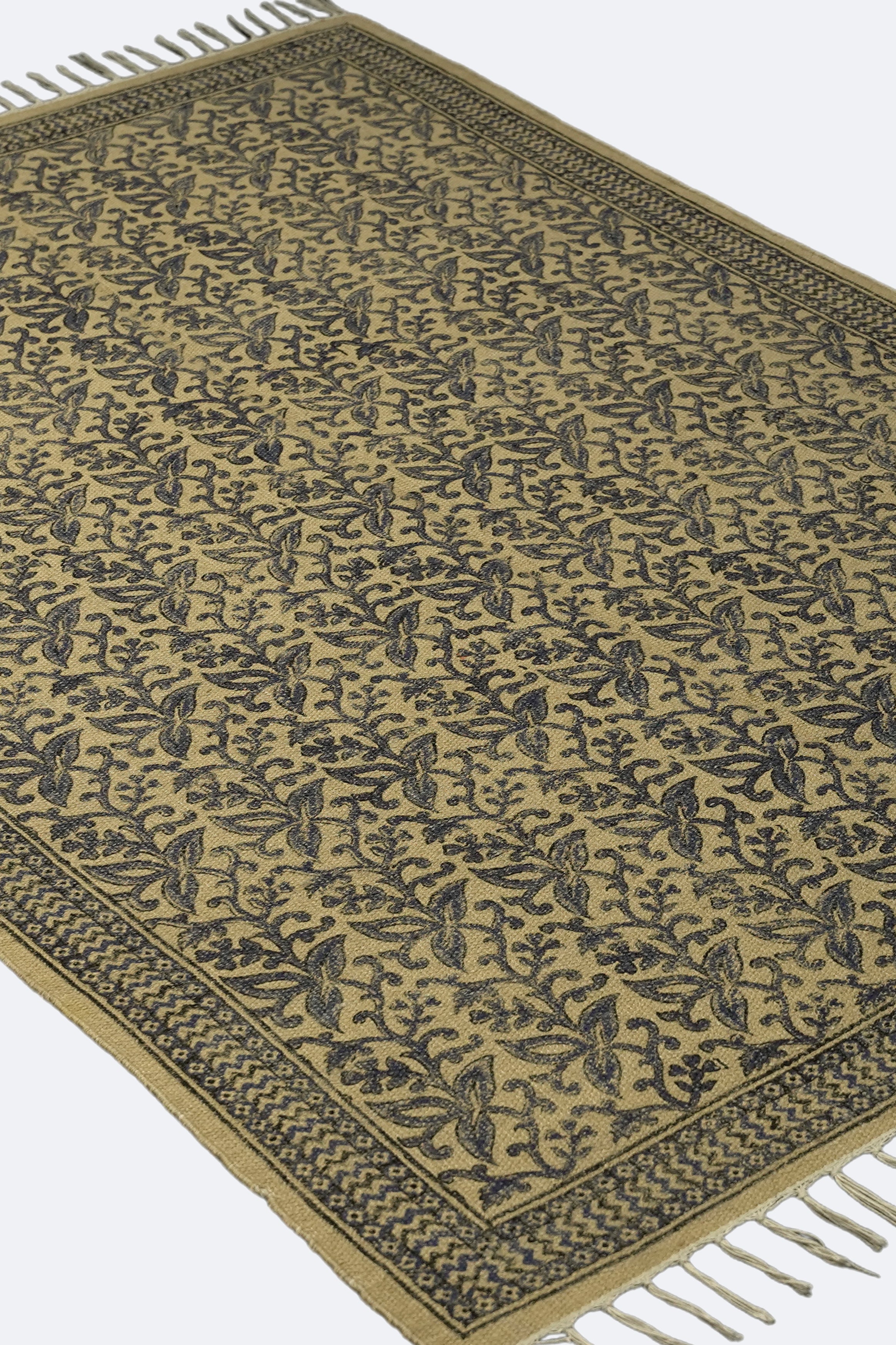 Floral Vine Block-Printed Jute Rug – Indigo & Sand