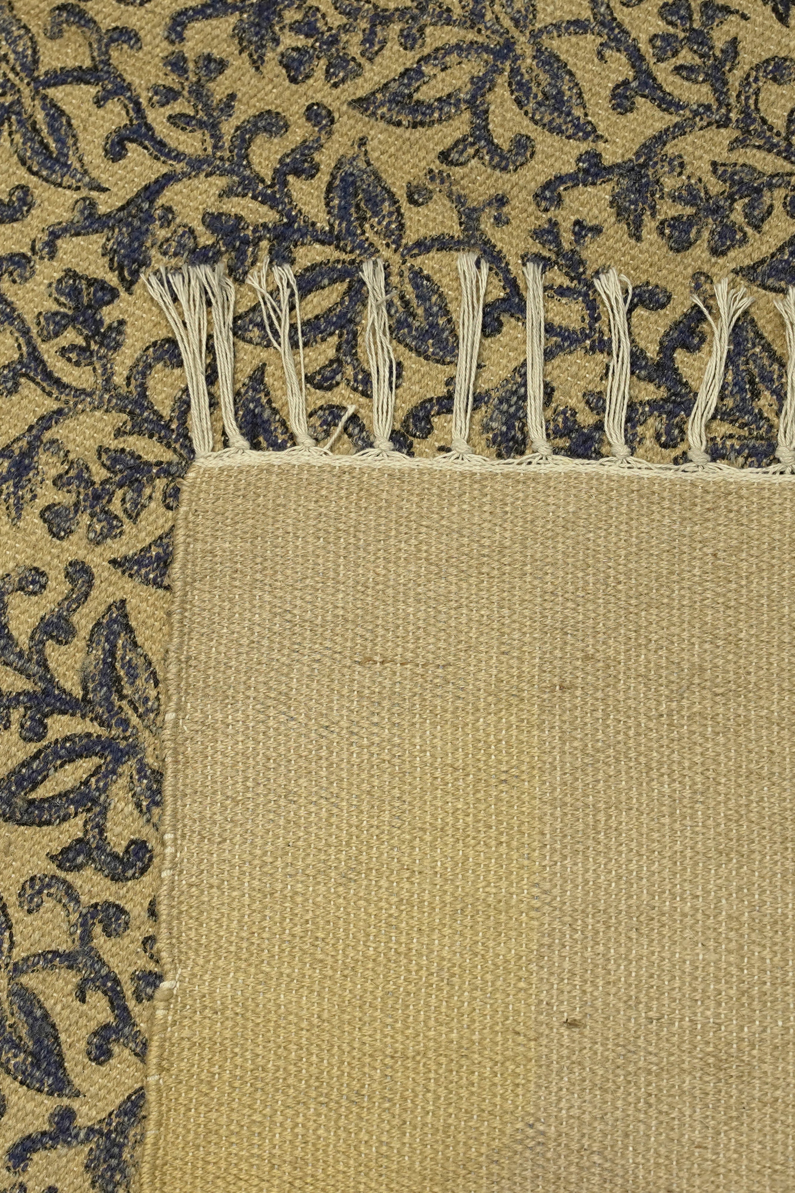 Floral Vine Block-Printed Jute Rug – Indigo & Sand