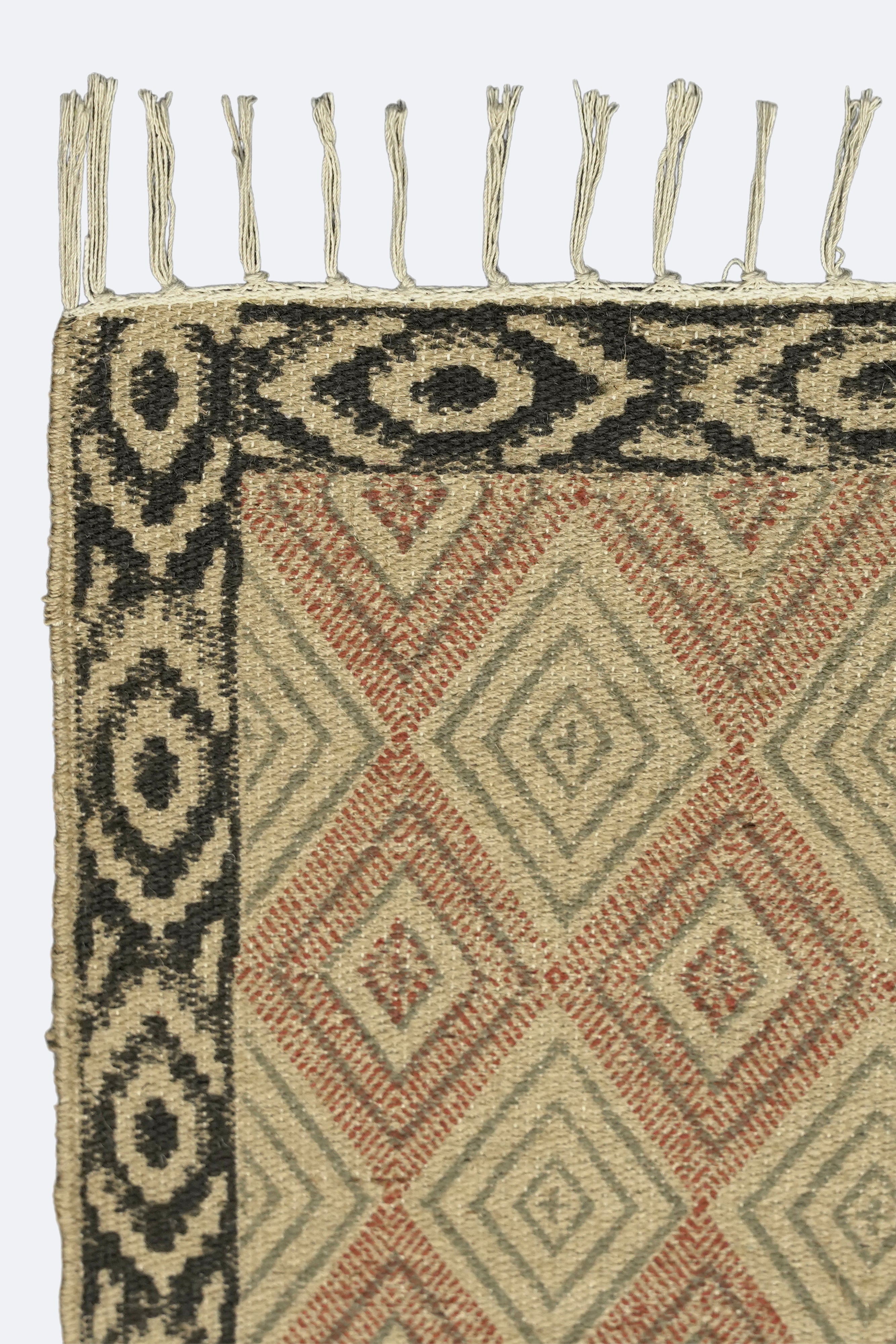 Diamond Block-Printed Jute Rug with Geometric Border – Rust & Black