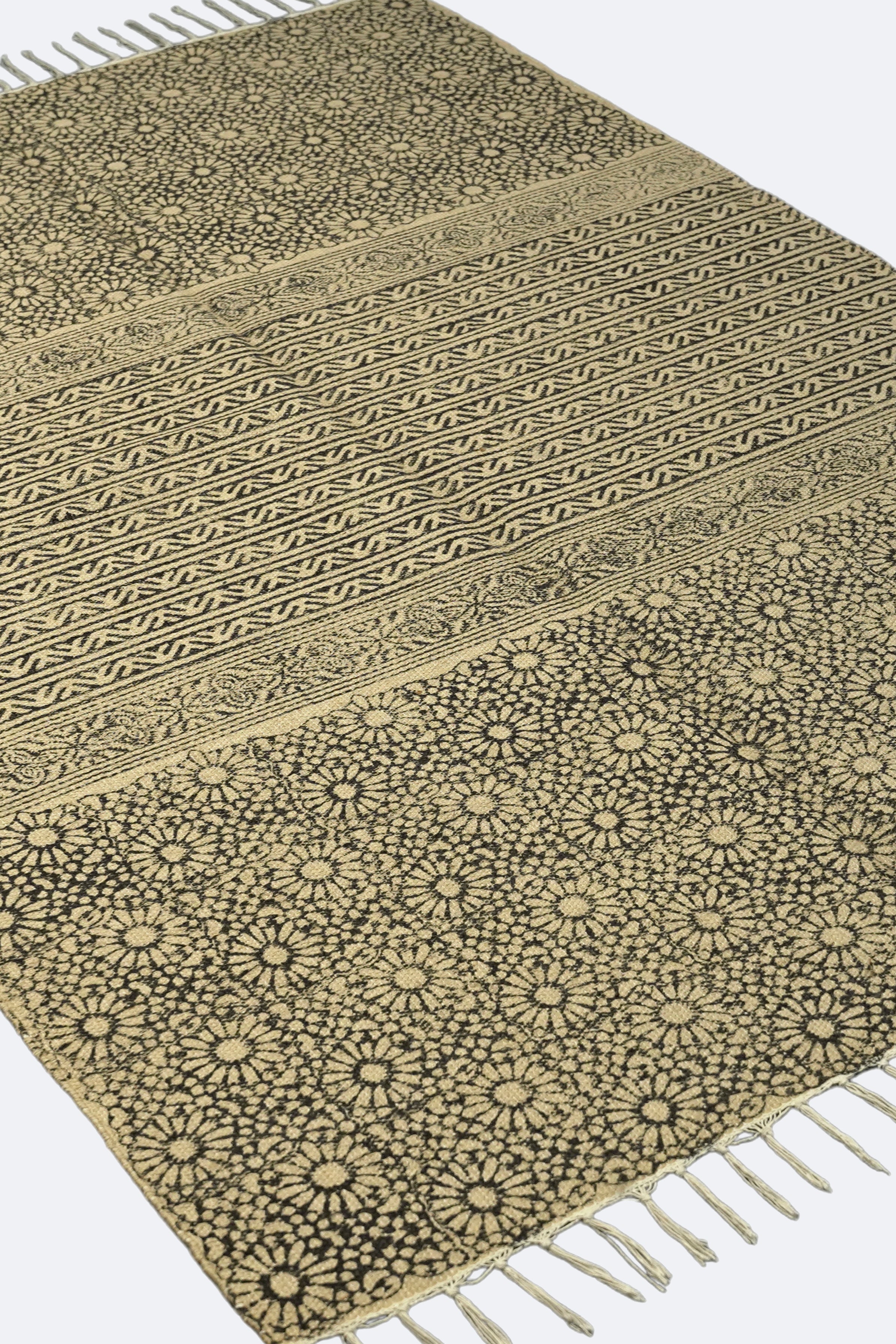Floral Stripe Block-Printed Jute Rug – Black & Sand