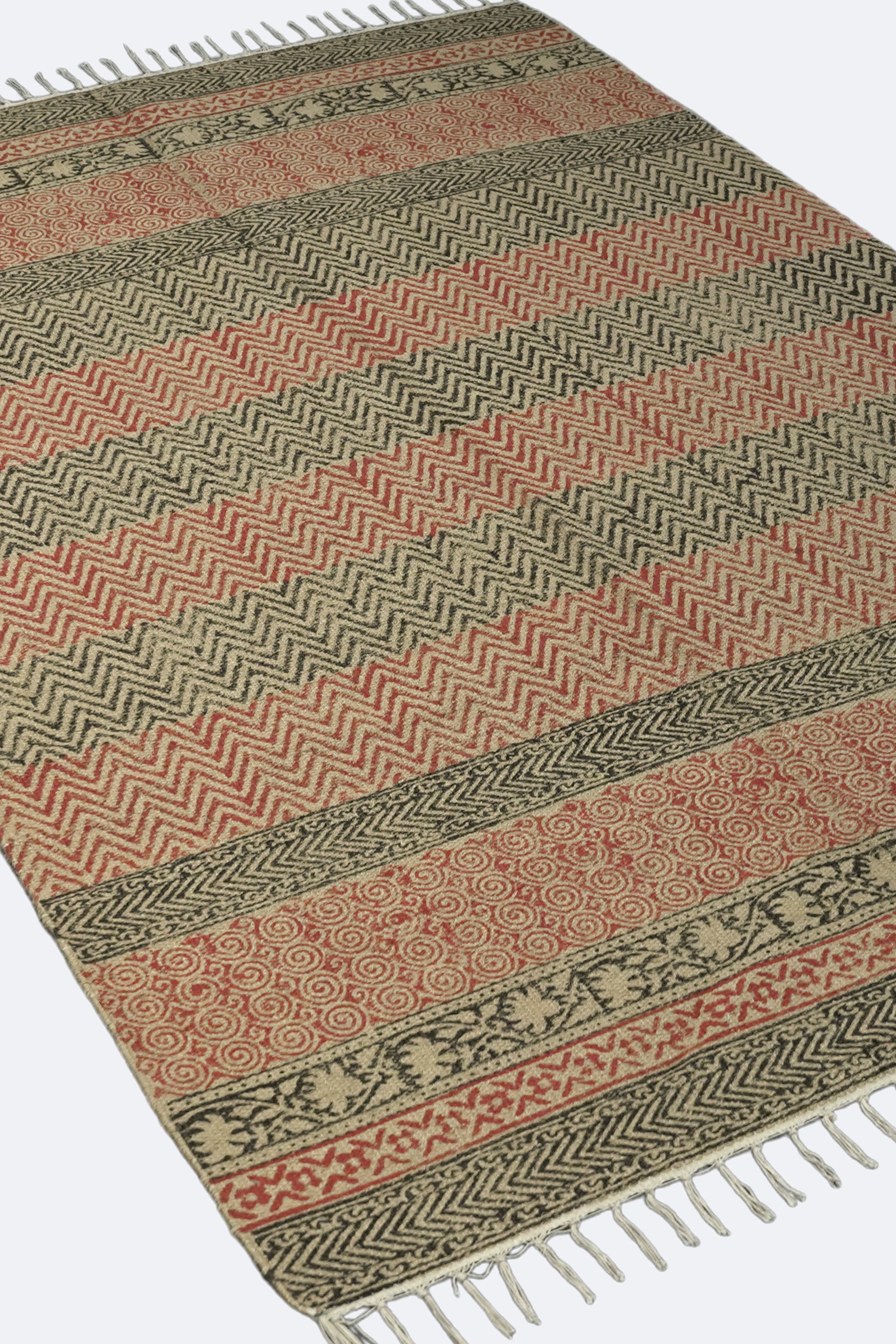 Terracotta Chevron & Scroll Handblock Jute Rug