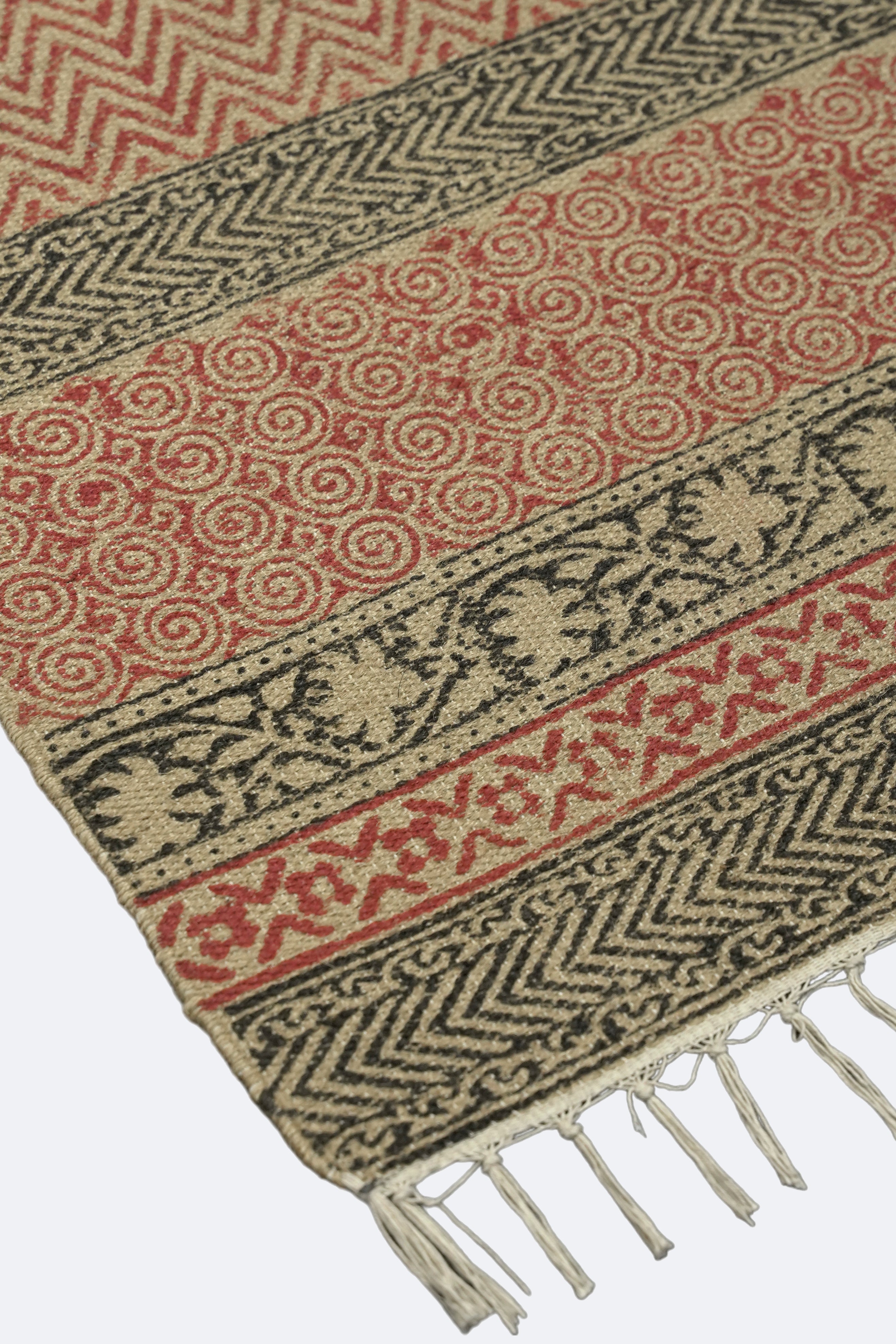 Terracotta Chevron & Scroll Handblock Jute Rug
