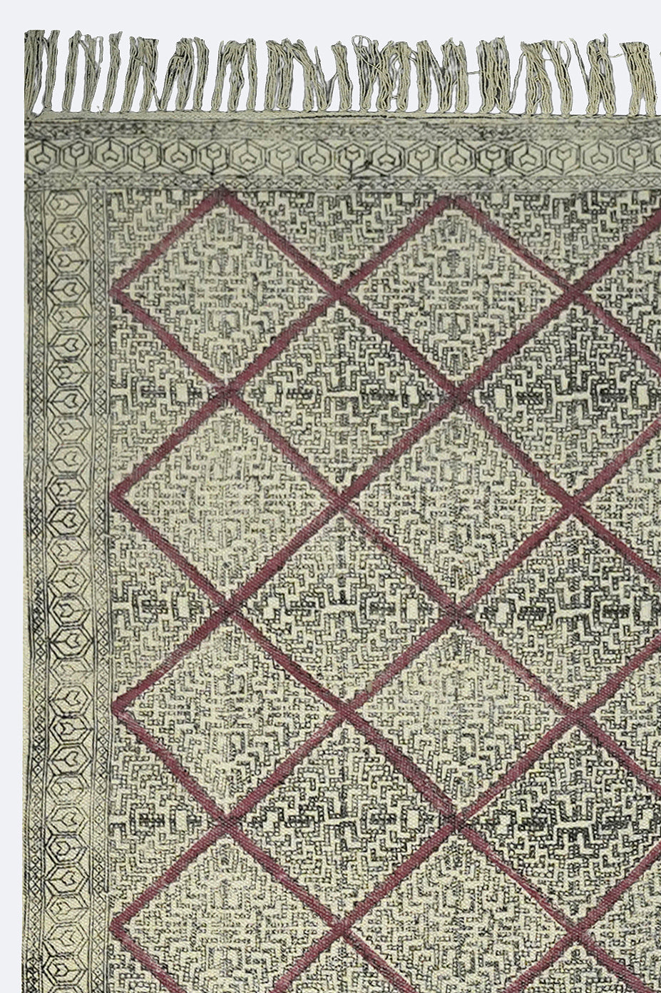 Crimson Lattice Block Printed Jute Rug
