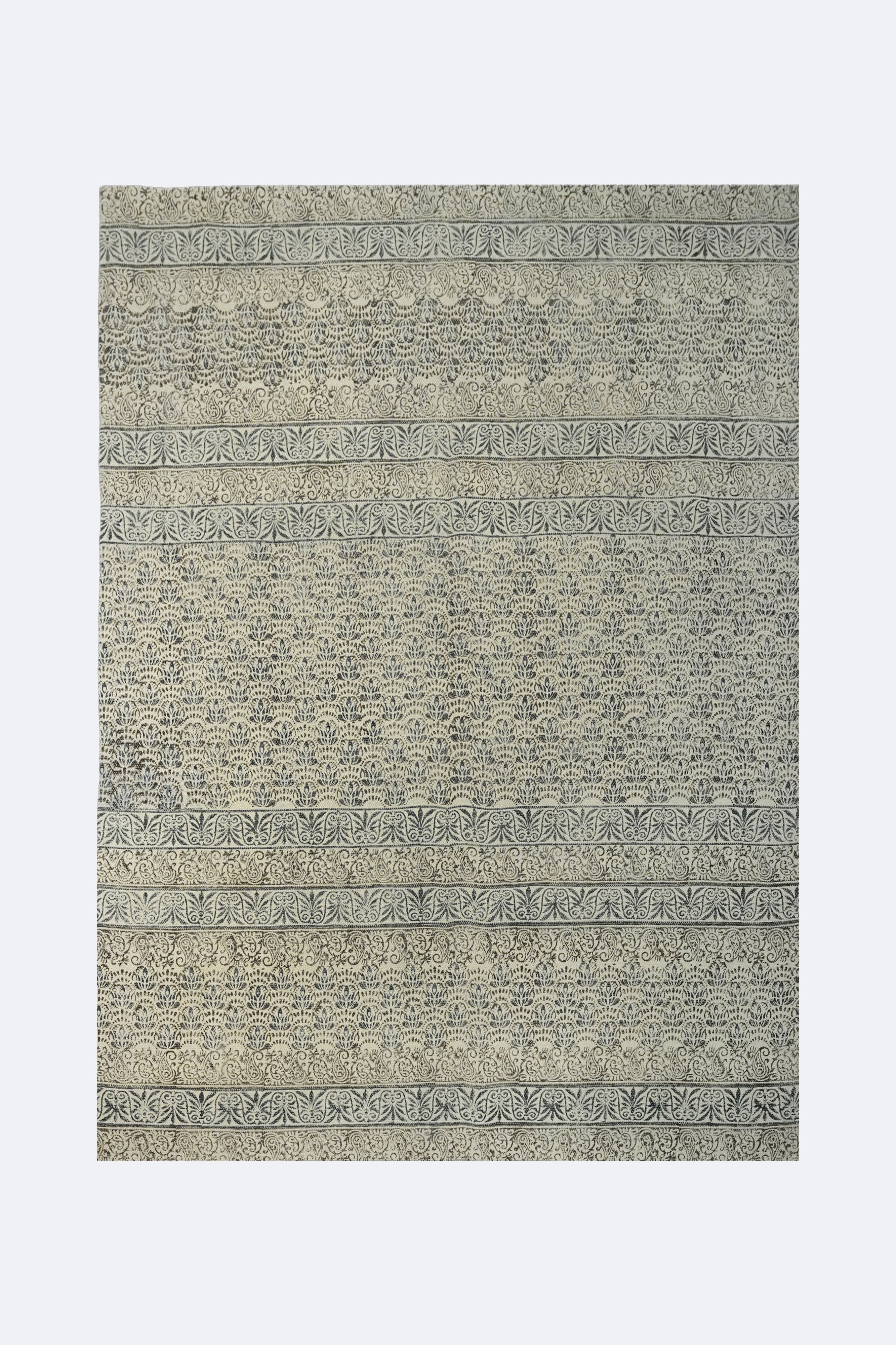 Floral Fan Motif Block Printed Jute Rug