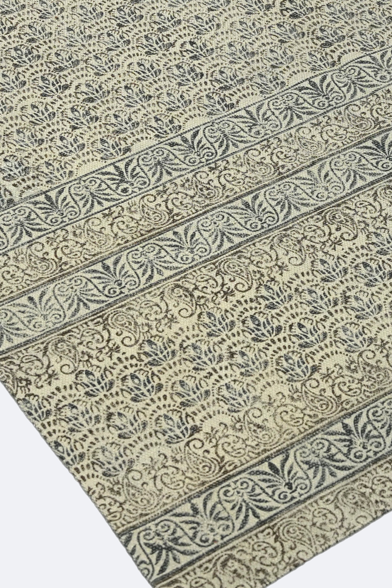 Floral Fan Motif Block Printed Jute Rug