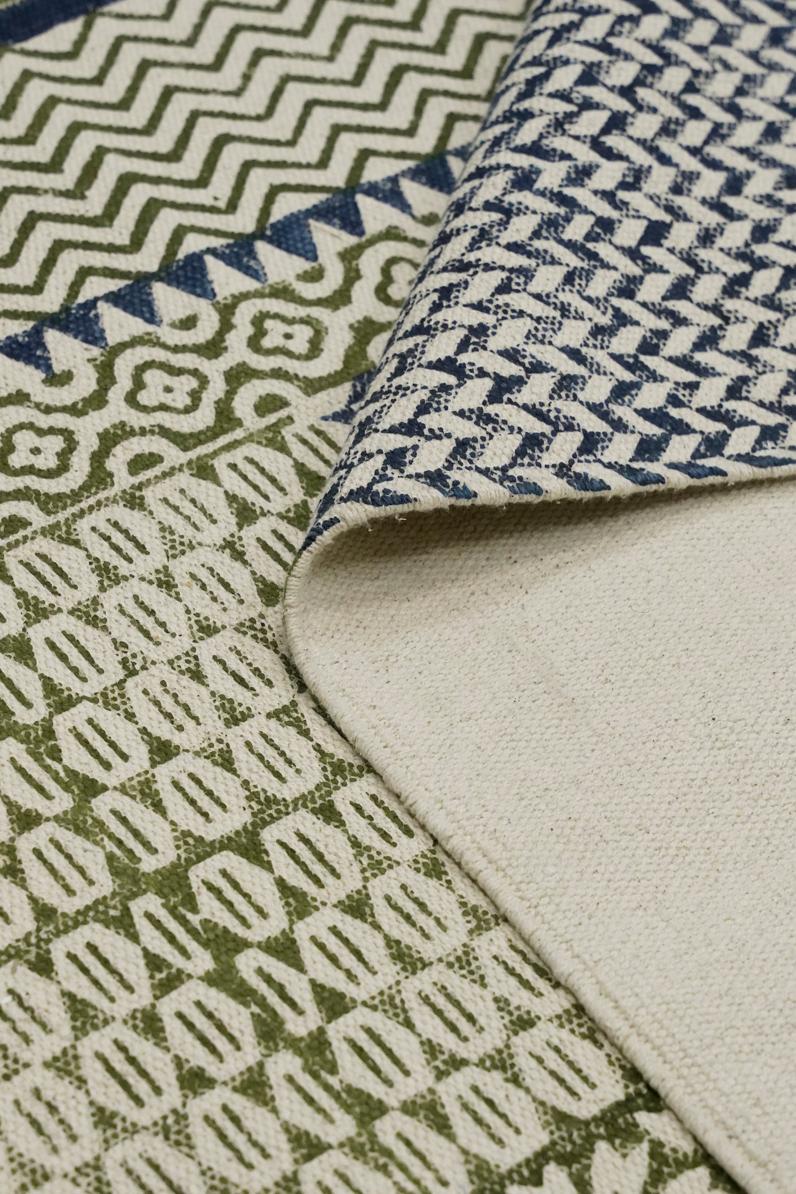 Olive & Indigo Patchwork Block Printed Jute Rug