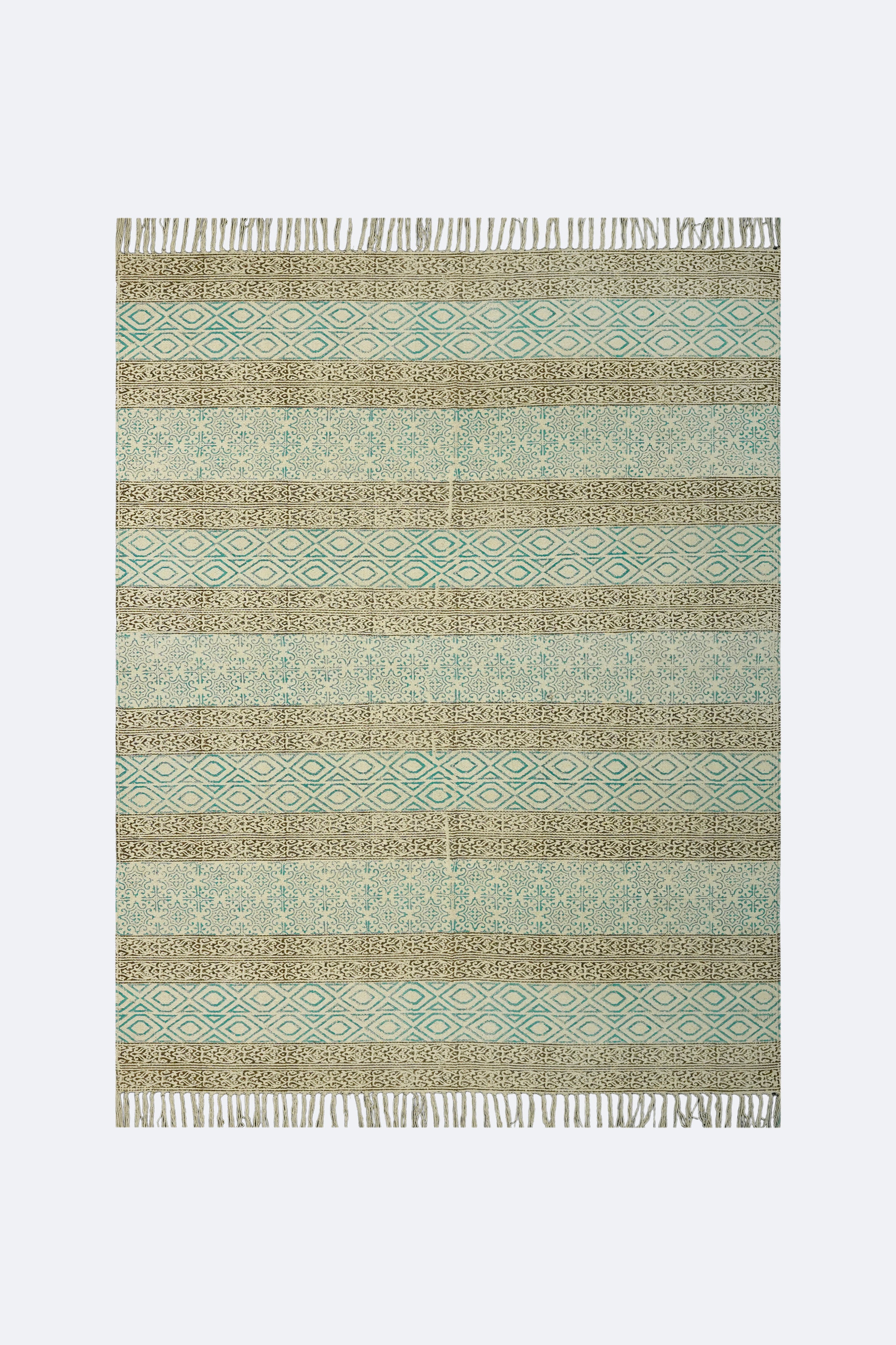 Aqua Diamond Stripe Block Printed Jute Rug