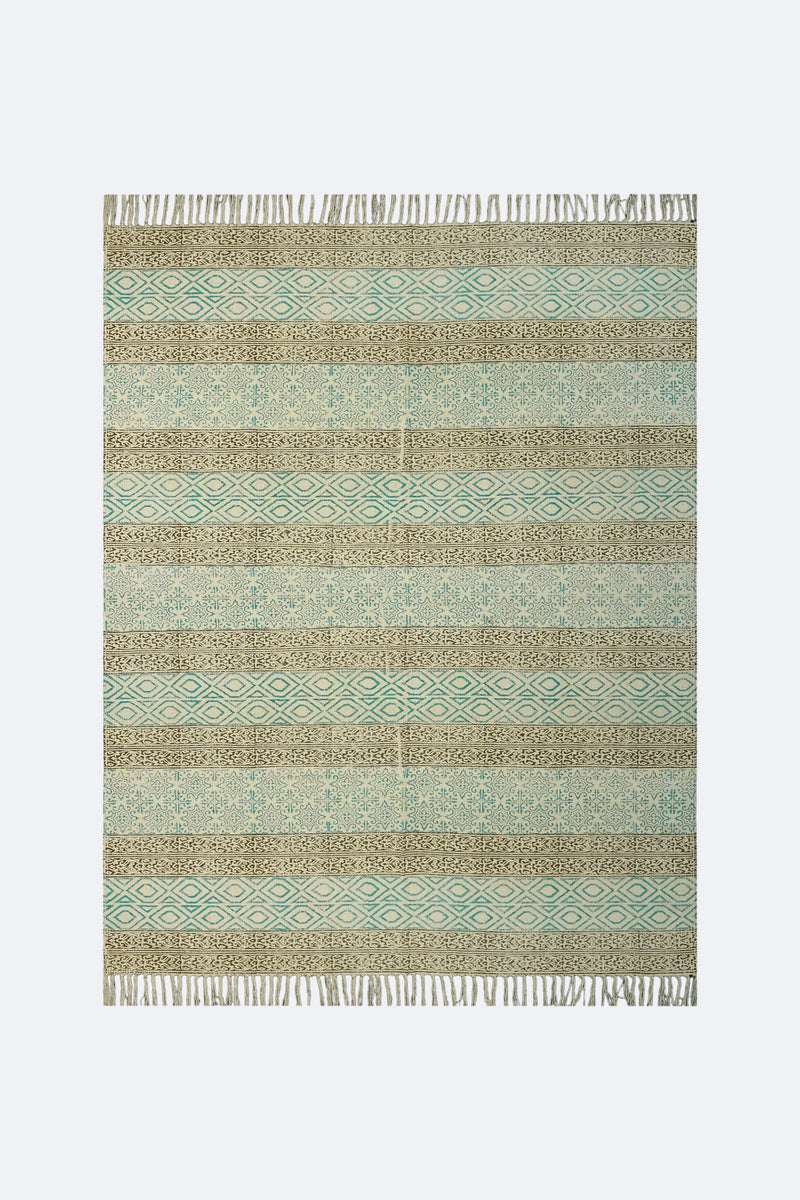 Aqua Diamond Stripe Block Printed Jute Rug