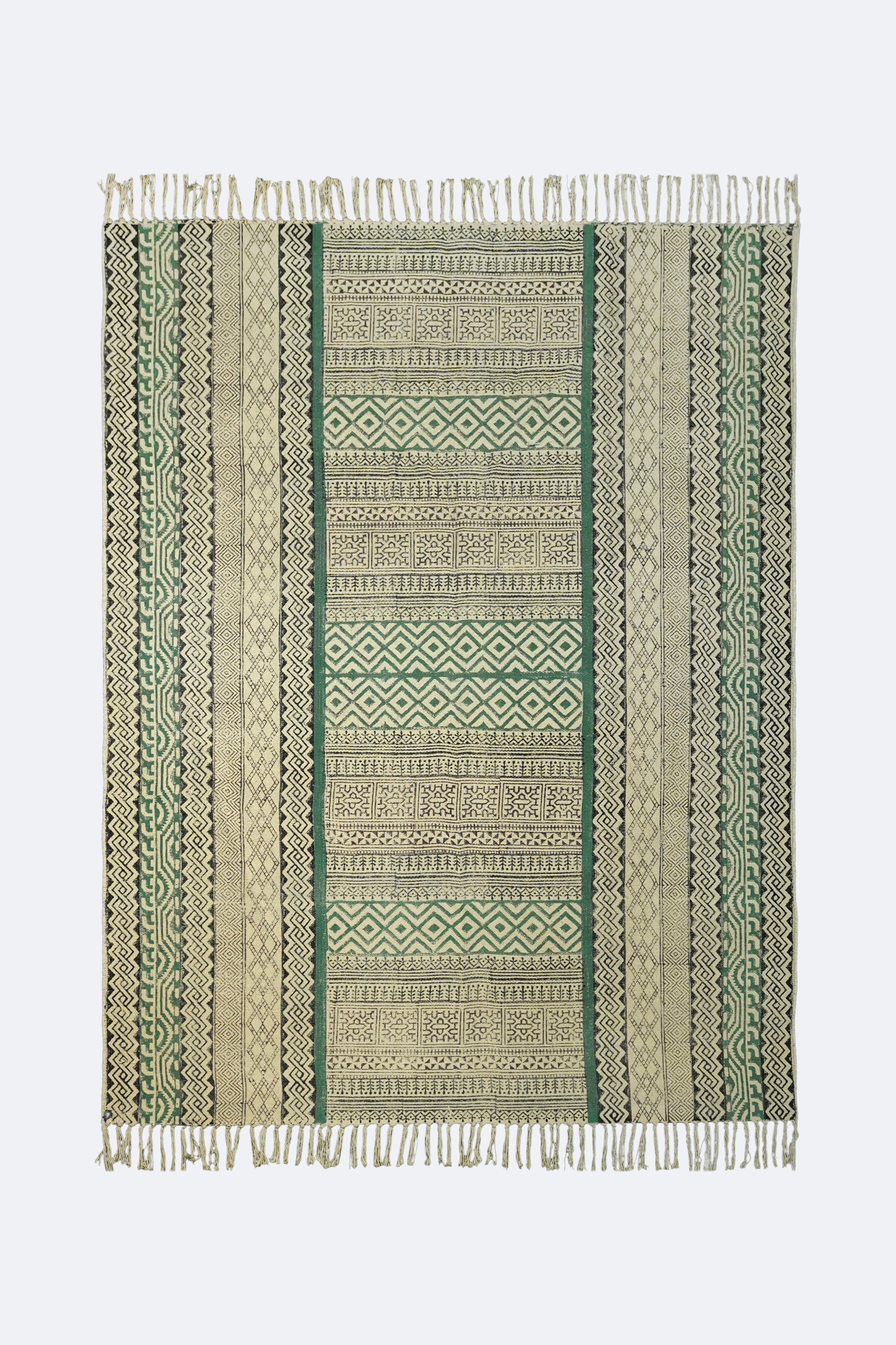 Emerald Stripe Geometric Block Printed Jute Rug