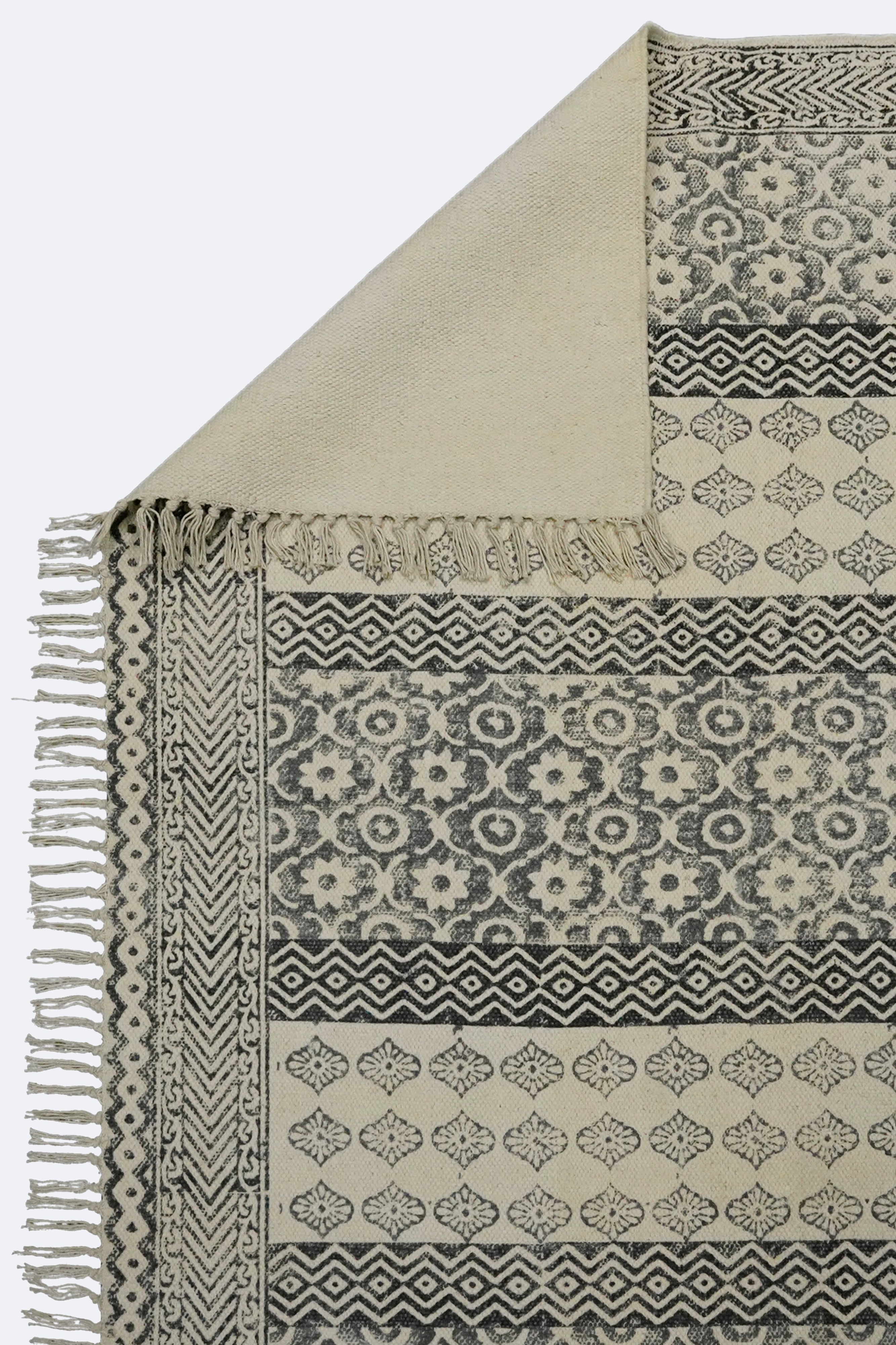 Monochrome Floral Stripe Block Printed Jute Rug