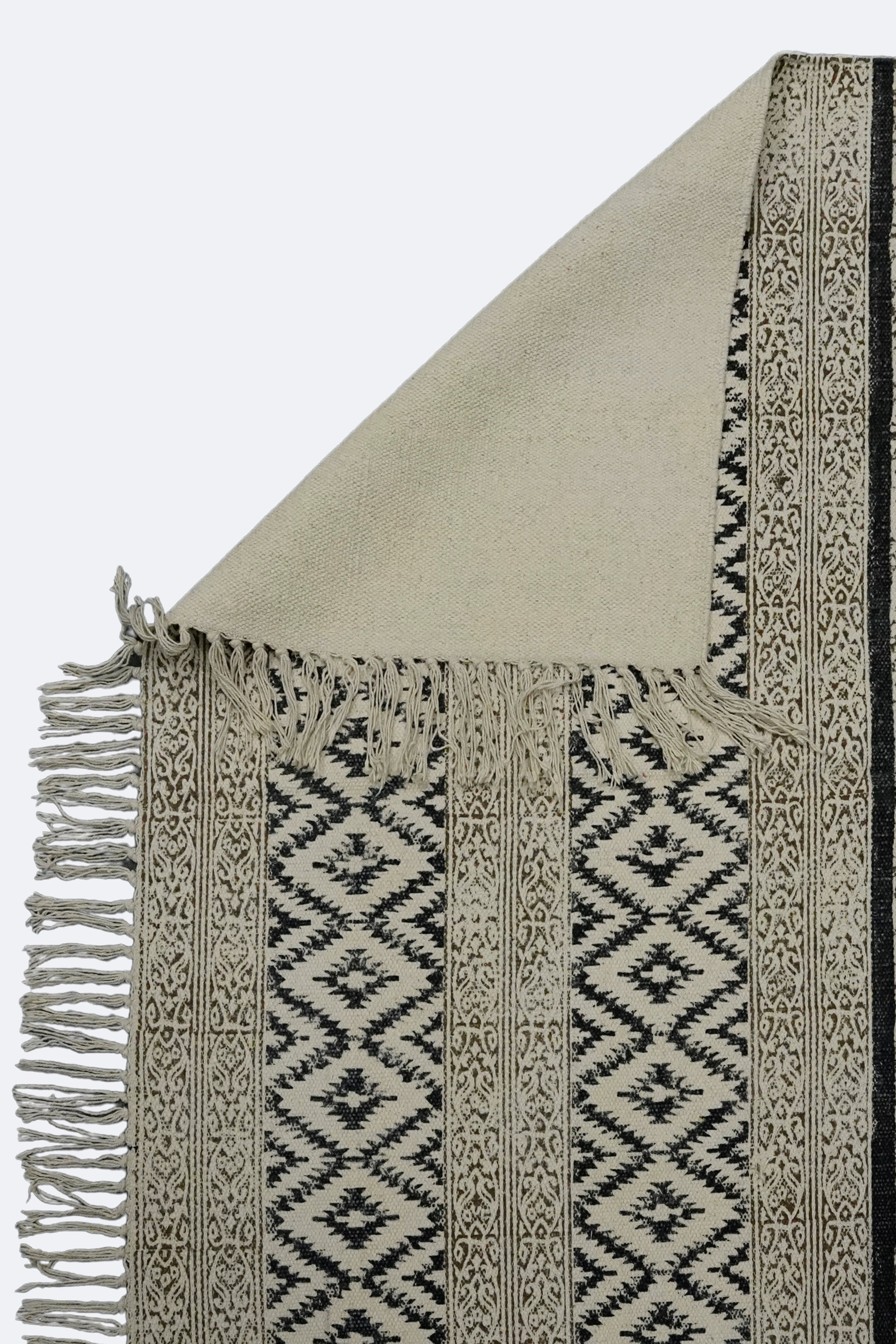 Black Diamond Floral Stripe Block Printed Jute Rug