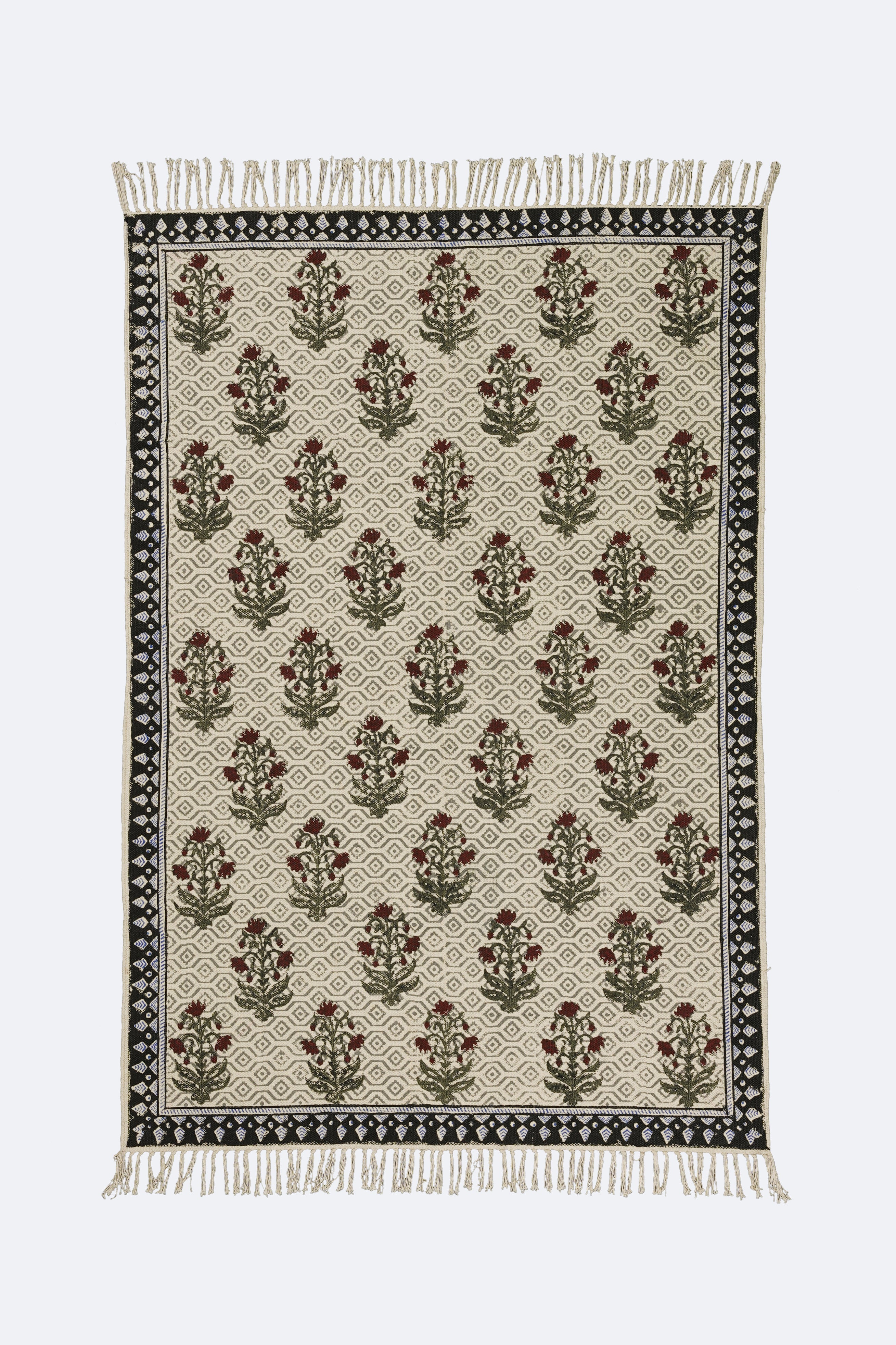 Black Border Mughal Boota printed Rug