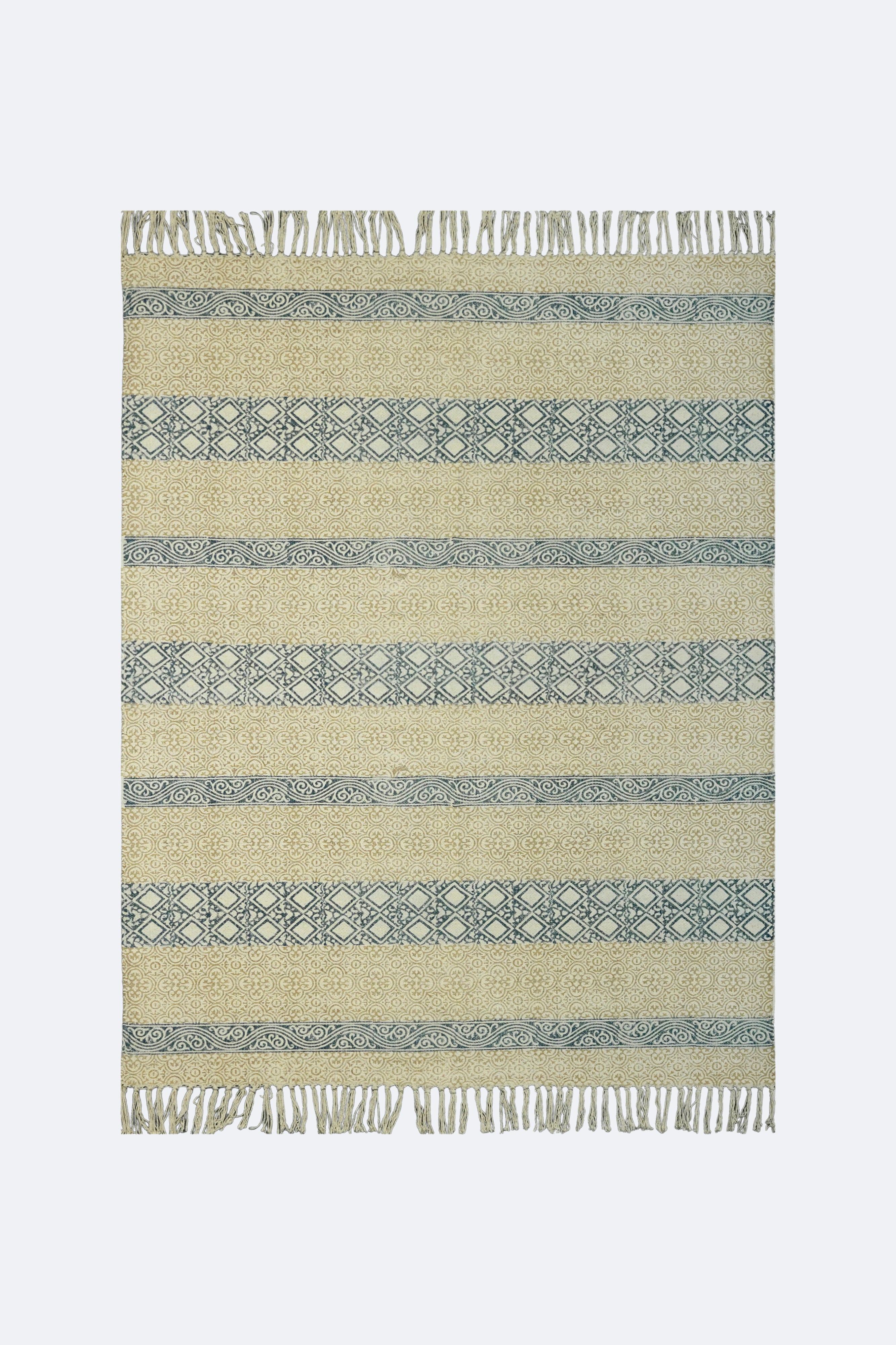 Blue Diamond Stripe Block Printed Jute Rug
